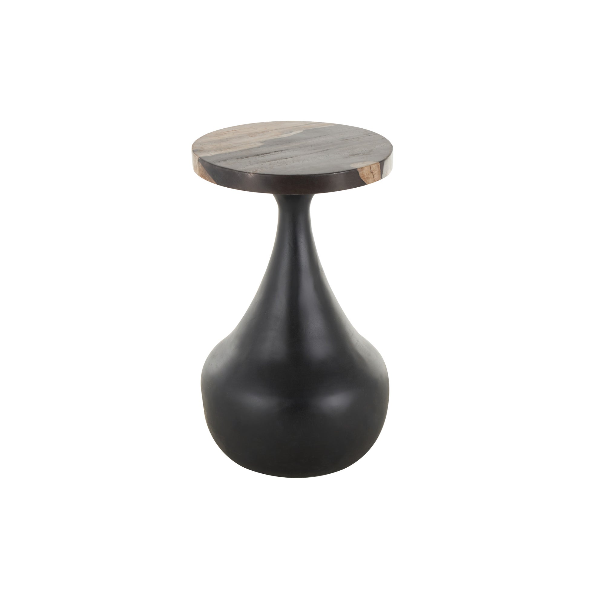 Black Teak Wood Handmade Fluted Side End Accent Table with Brown Tabletop