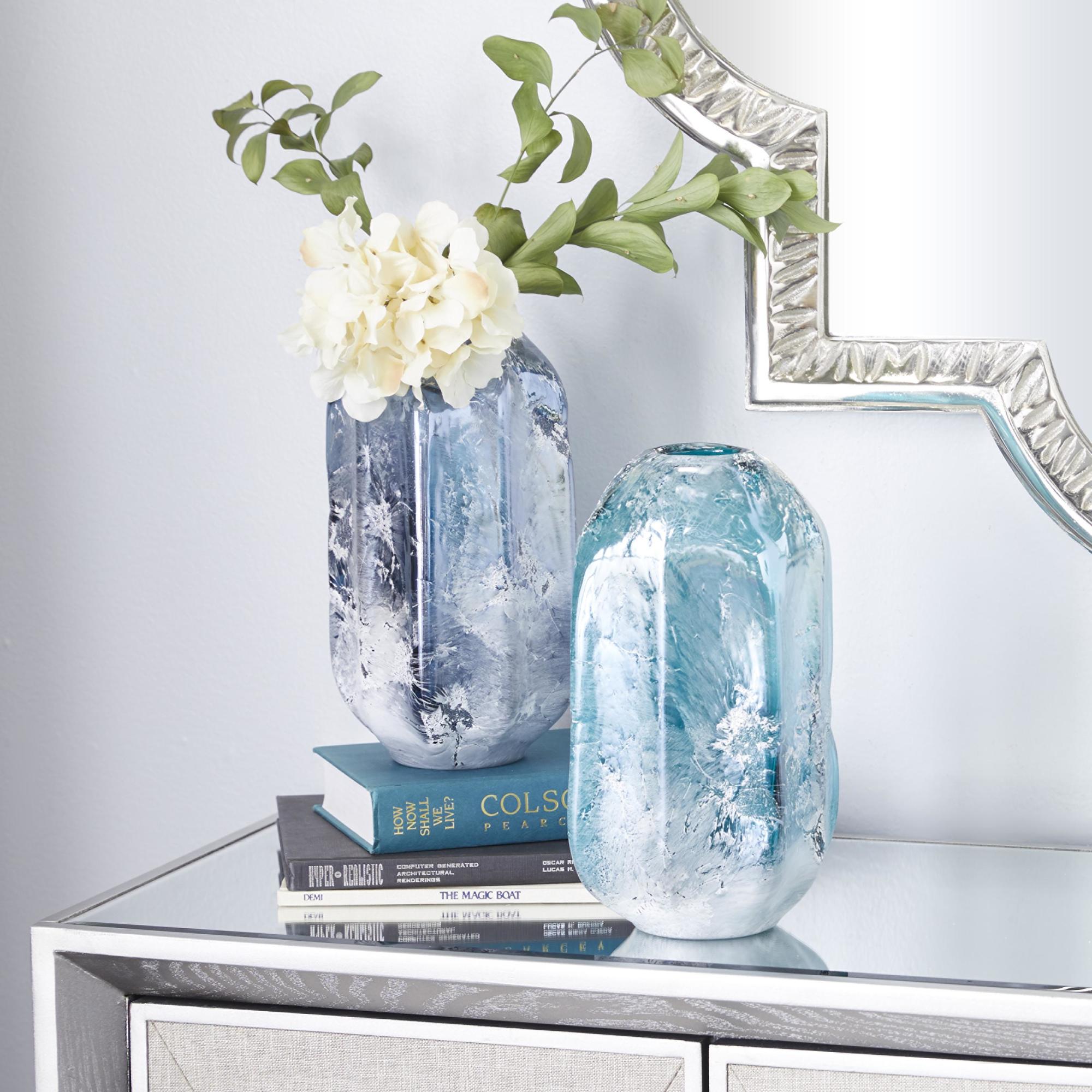 Set of 2 Blue Glass Handmade Blown Decorative Vase