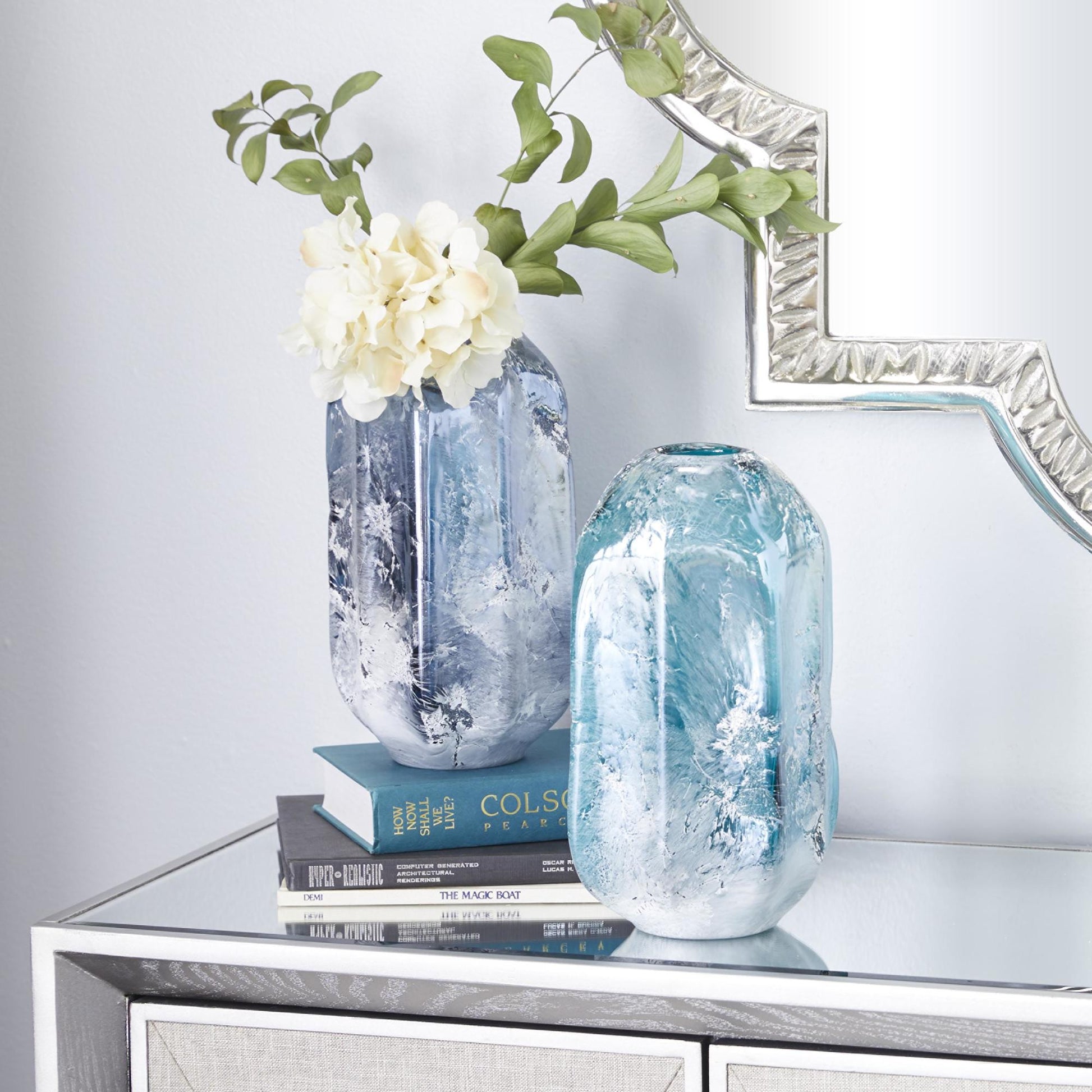 Set of 2 Blue Glass Handmade Blown Decorative Vase