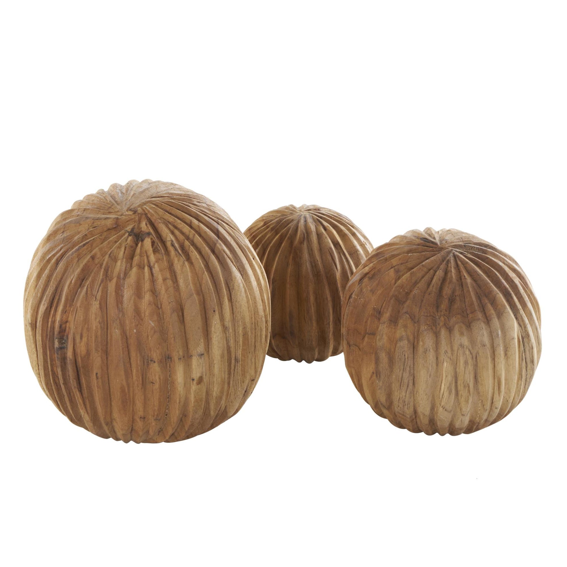 Set of 3 Teak Wood Handmade Carved Textured Decorative Orbs & Vase Filler with Wavy Ridges