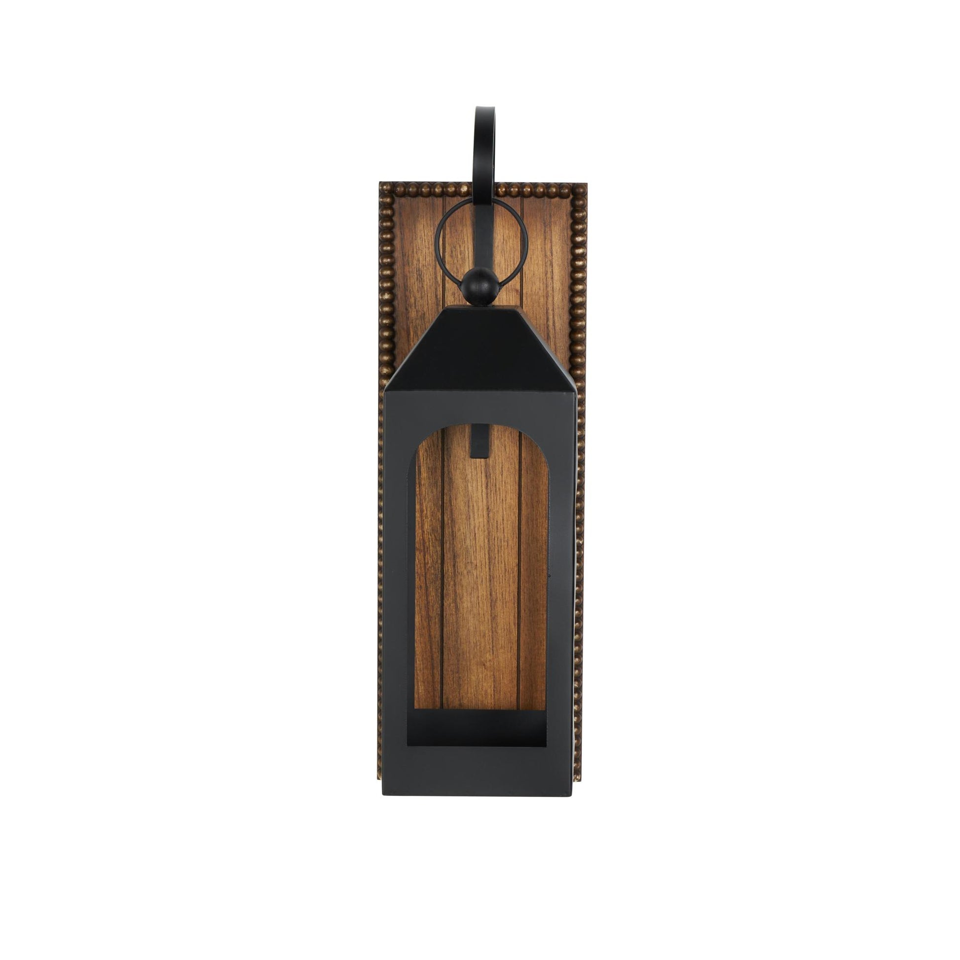 Abstract Black Metal Suspended Arched Cutout Indoor Outdoor Wall Sconce with Brown Wood Backing and Beaded Edge