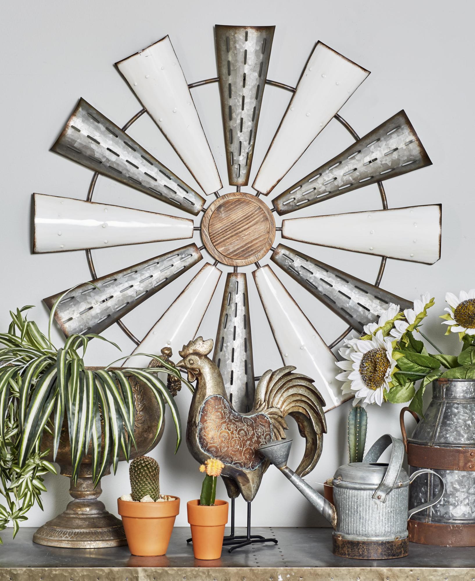 Windmill White Metal Home Wall Decor with Galvanized Metal Accents