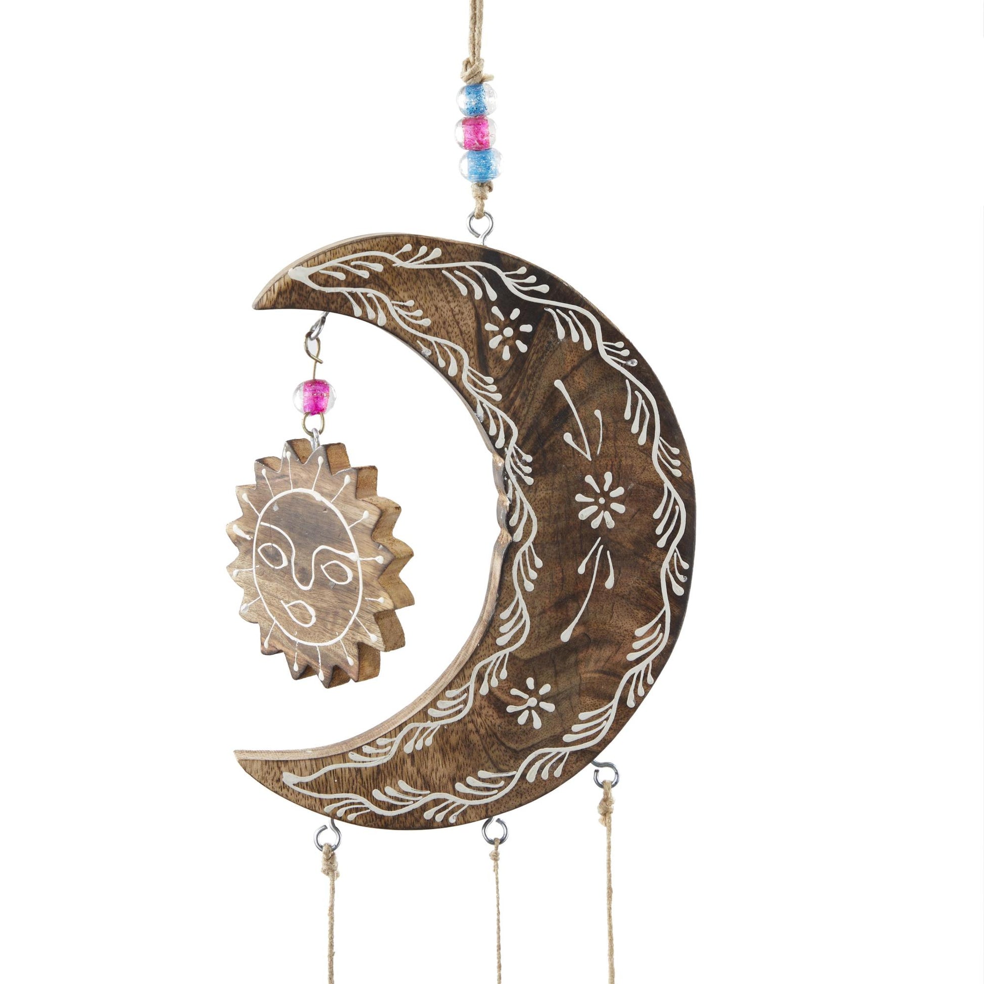 Sun and Moon Gold Mango Wood Handmade Indoor Outdoor Windchime with Glass Beads and Cone Bells