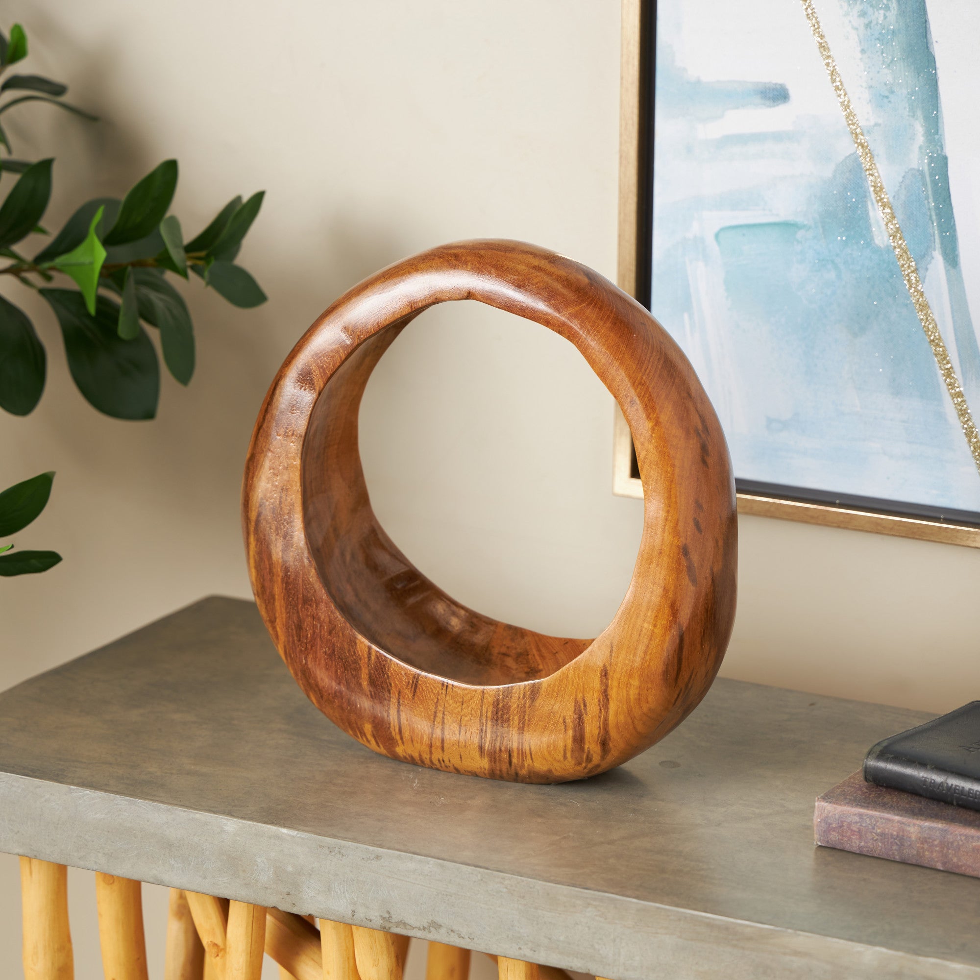 Abstract Brown Teak Wood Handmade Round Decorative Sculpture