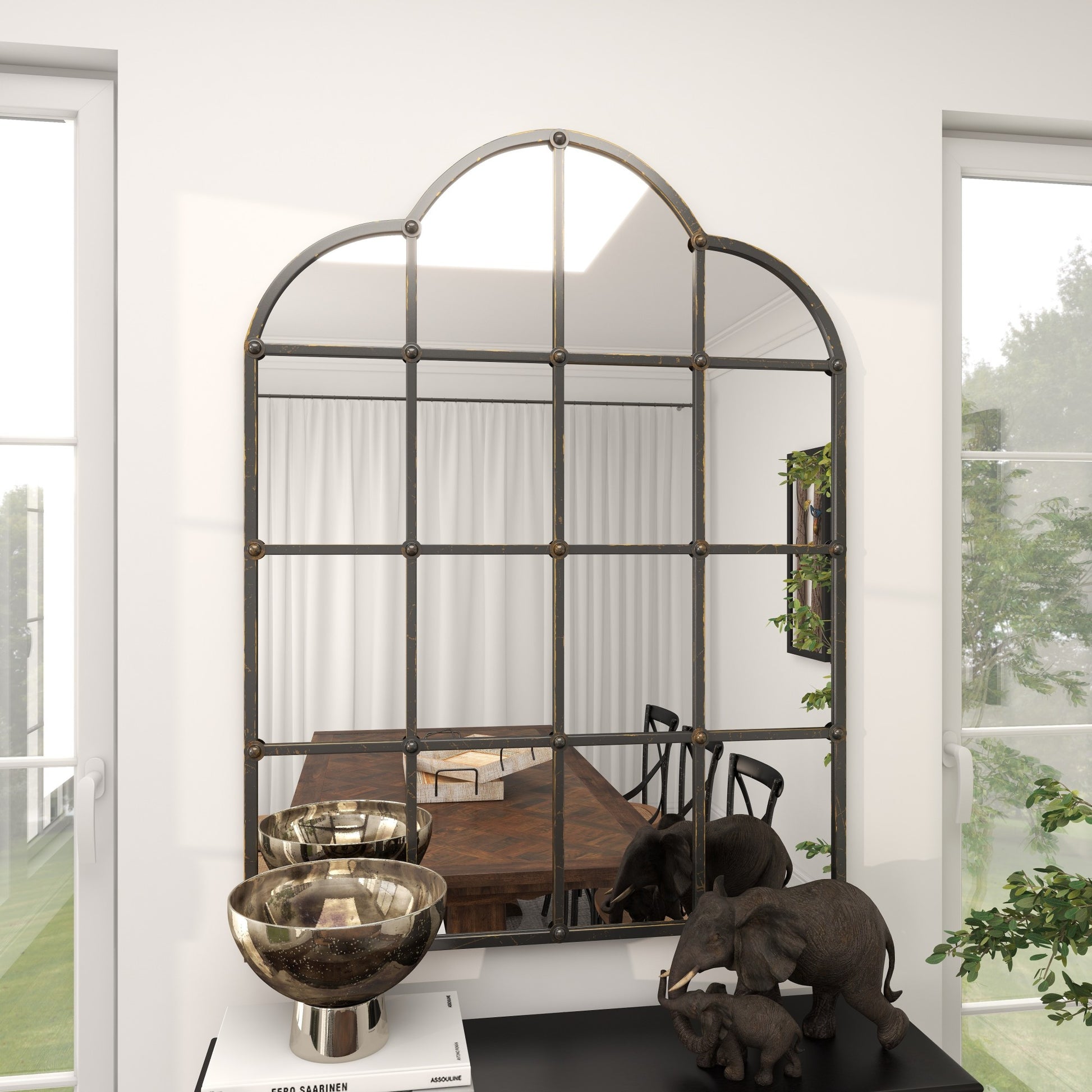 Black Metal Window Pane Inspired Room Wall Mirror with Arched Tops and Studs