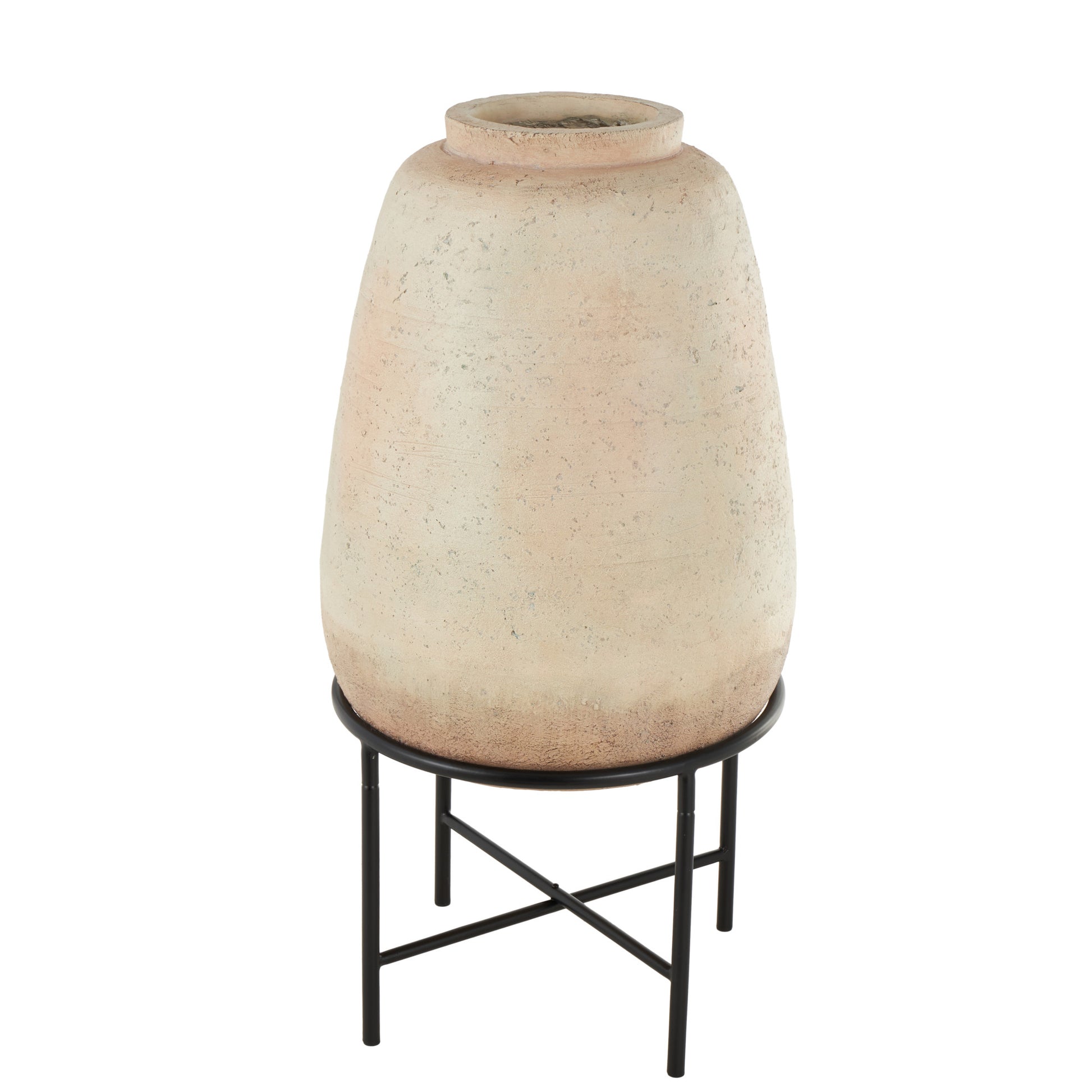 Beige Magnesium Oxide Wide Decorative Vase with Black Metal Stand