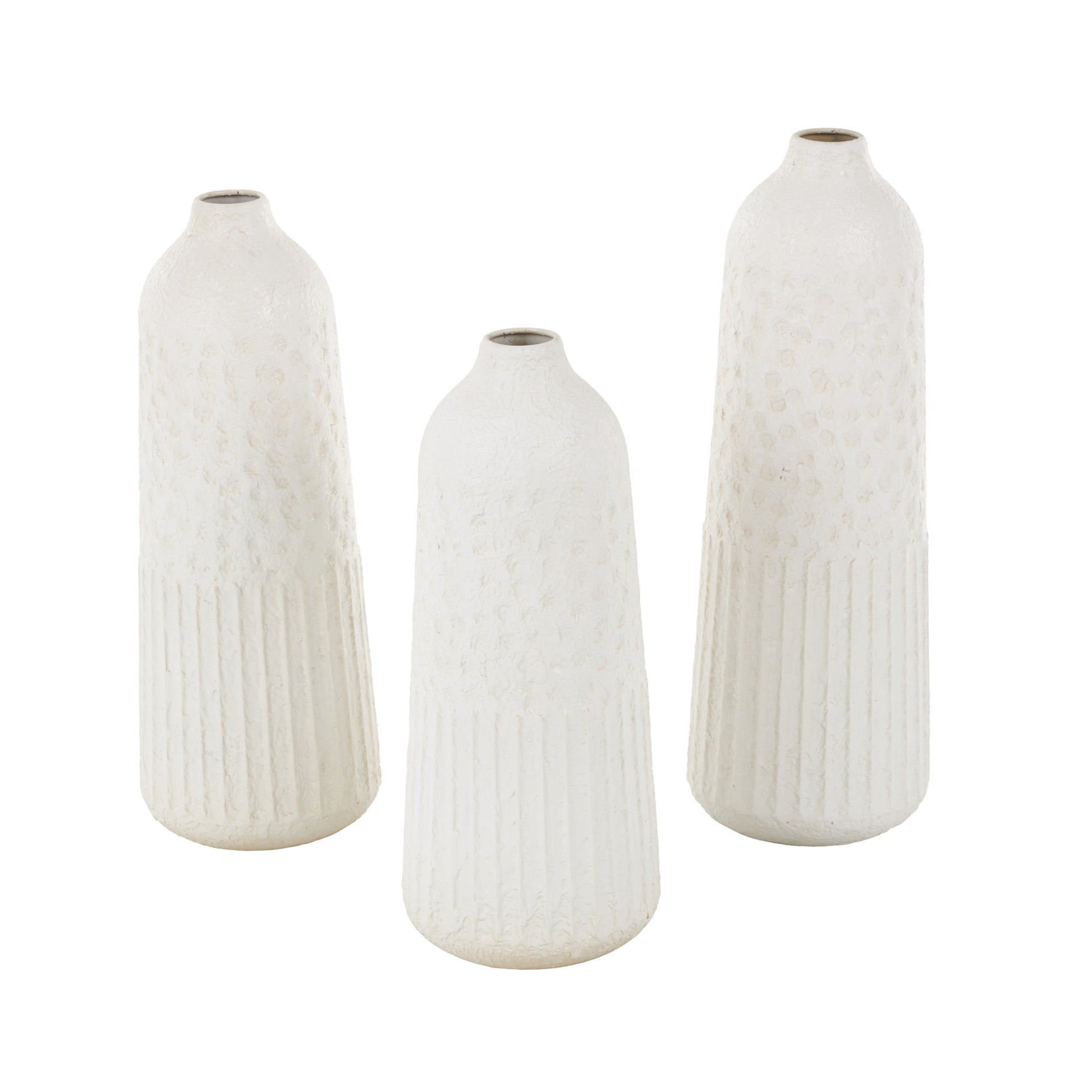 Set of 3 White Metal Textured Decorative Vase with Honeycomb Pattern