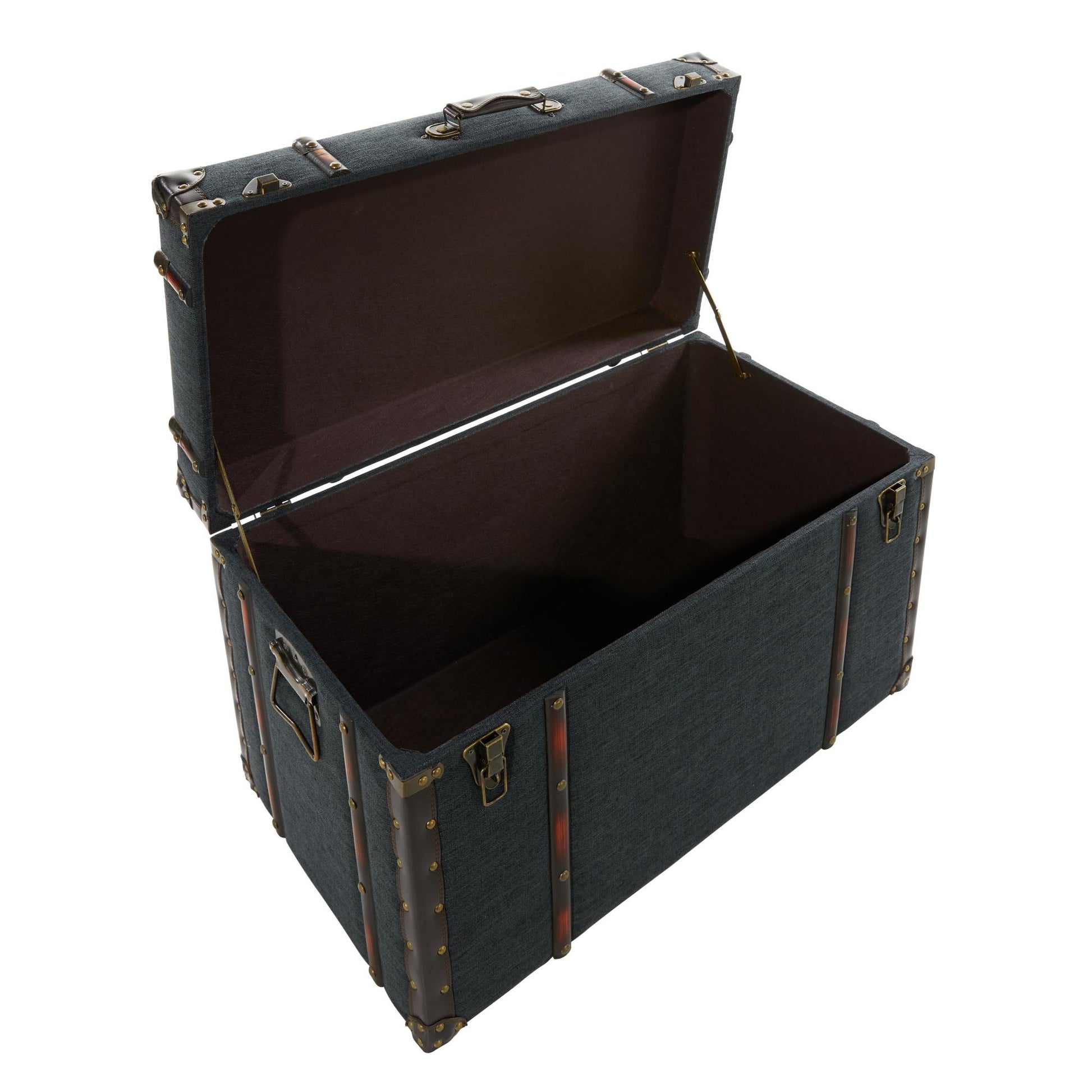 Set of 3 Blue Linen Fabric Nesting Upholstered Decorative Trunk with Buckle Hinged Top