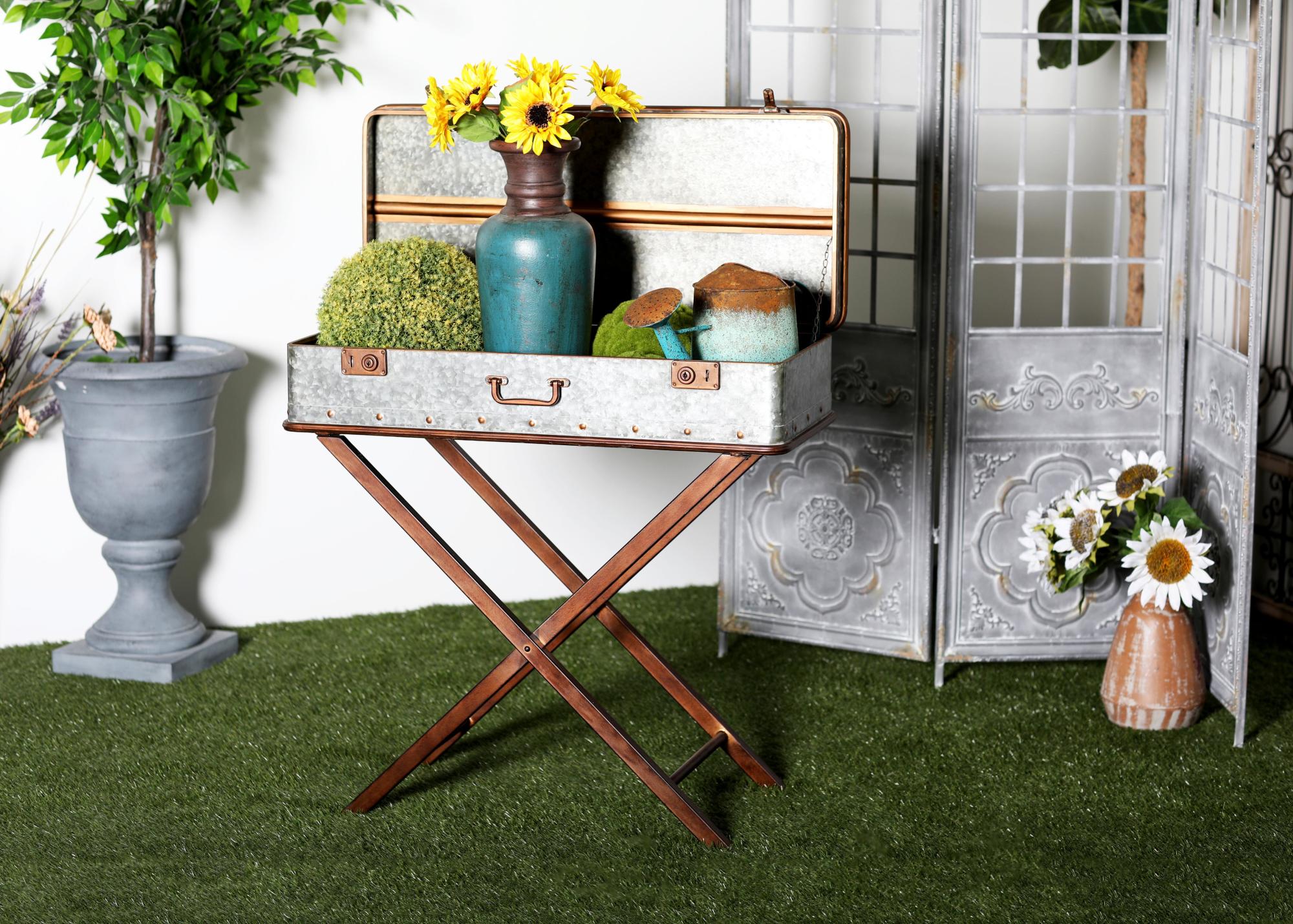 Gray Metal Side End Accent Table with Suitcase Style Top