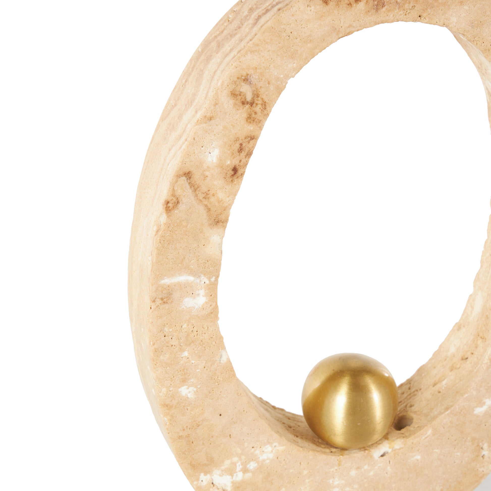 Abstract Cream Marble Oval Decorative Sculpture with Gold Ball and White Base