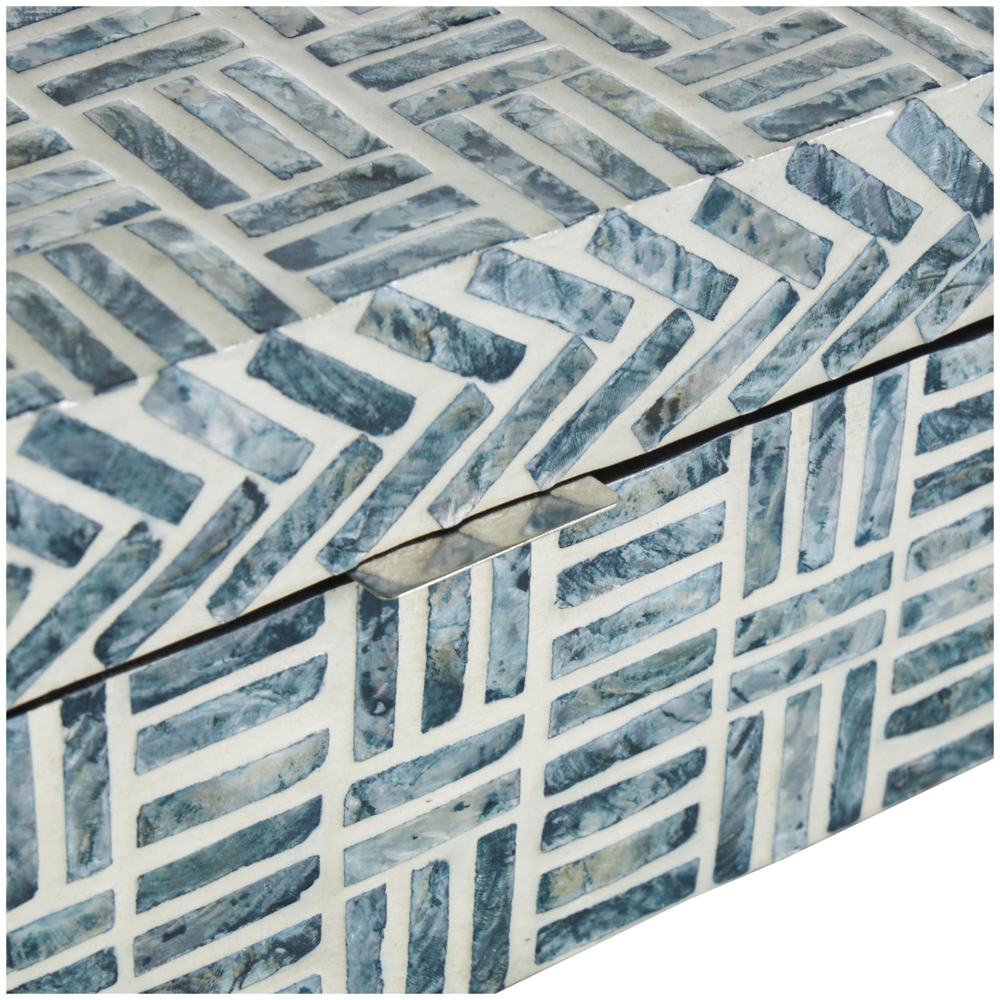 Set of 2 Geometric Blue Mother of Pearl Shell Handmade Mosaic Storage Decorative Box with Cream Underlay