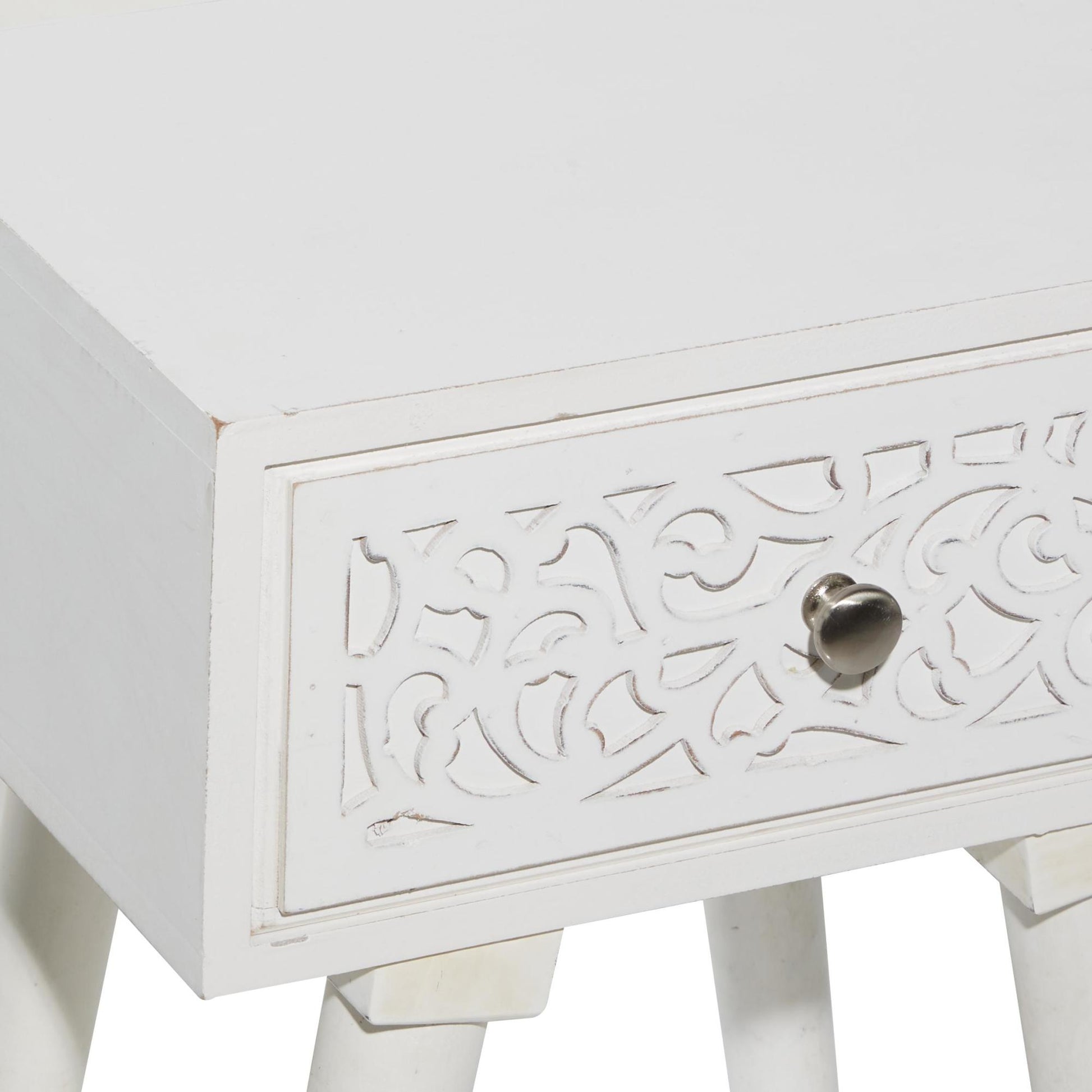 Scroll White Mango Wood Intricately Carved Single Drawer Side End Accent Table