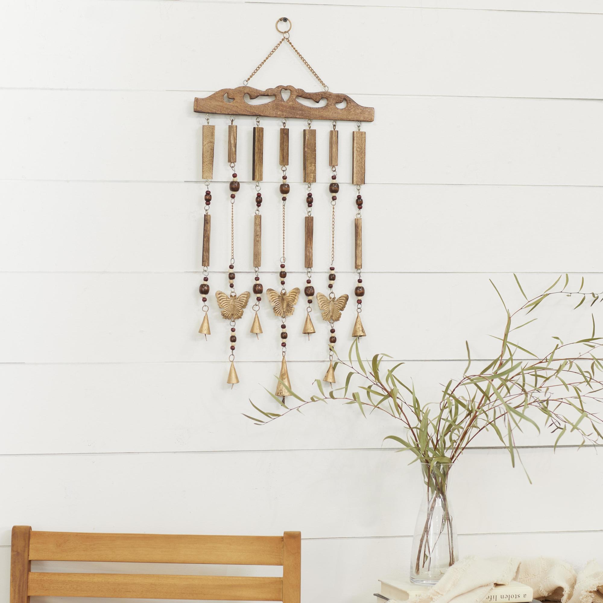 Butterfly Brown Wood Indoor Outdoor Windchime with Beads and Cone Bells