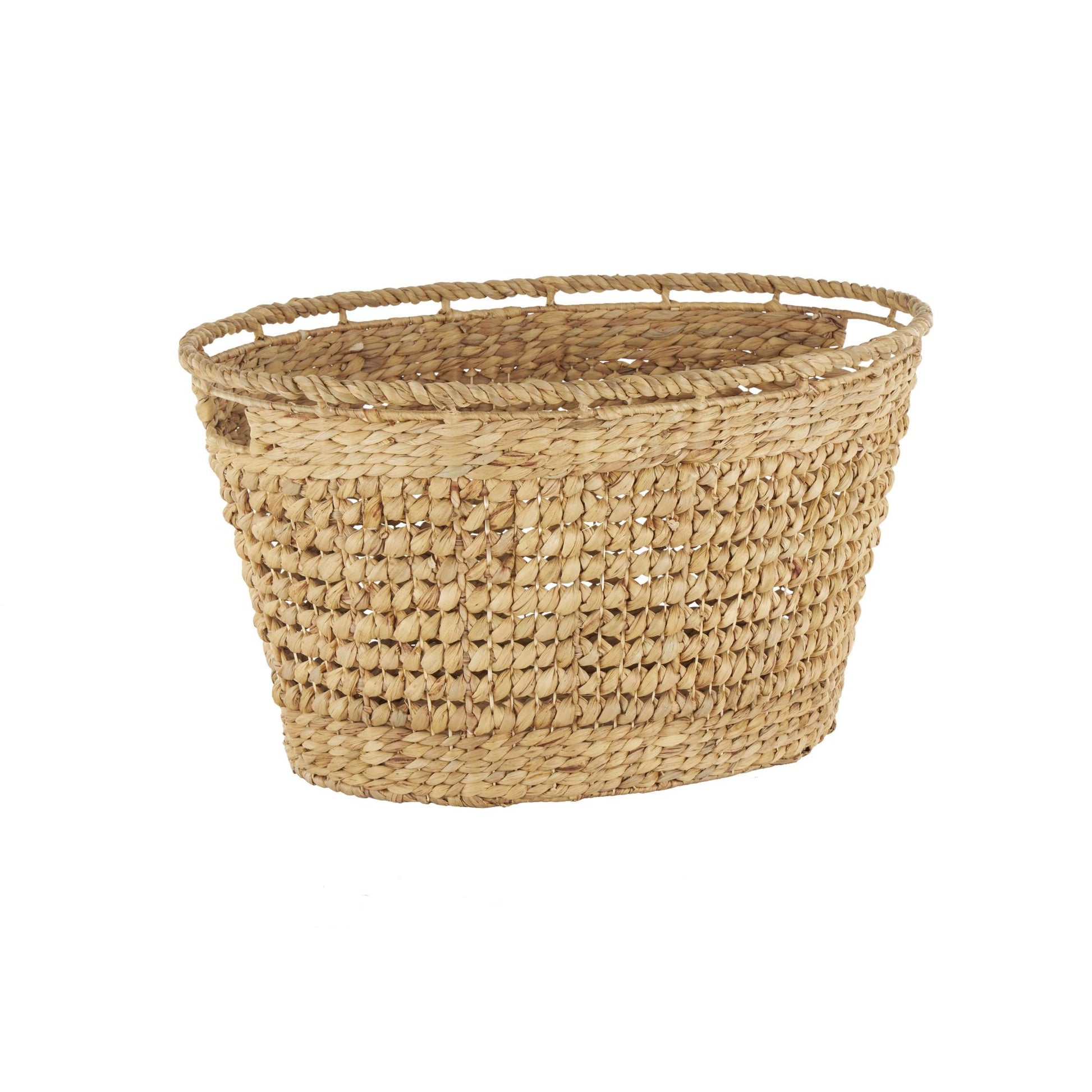 Brown Seagrass Handmade Woven Oval Decorative and Functional Storage Basket with Elevated Rim and Slot Handles