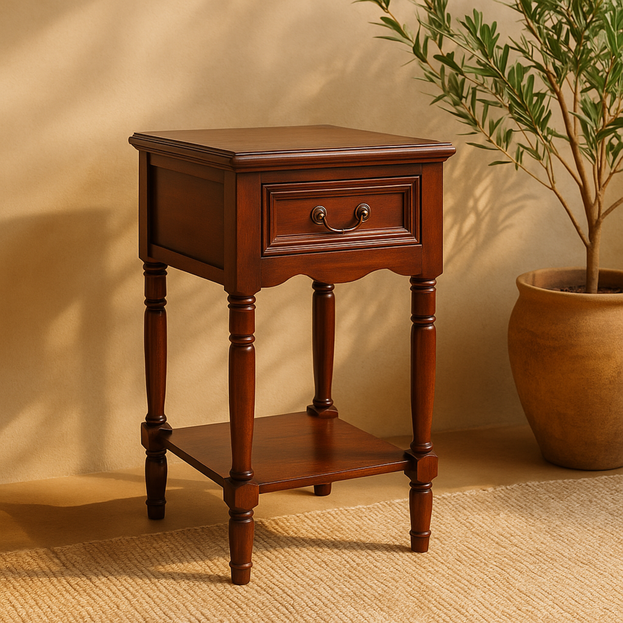 Brown Wood 1 Drawer Side End Accent Table