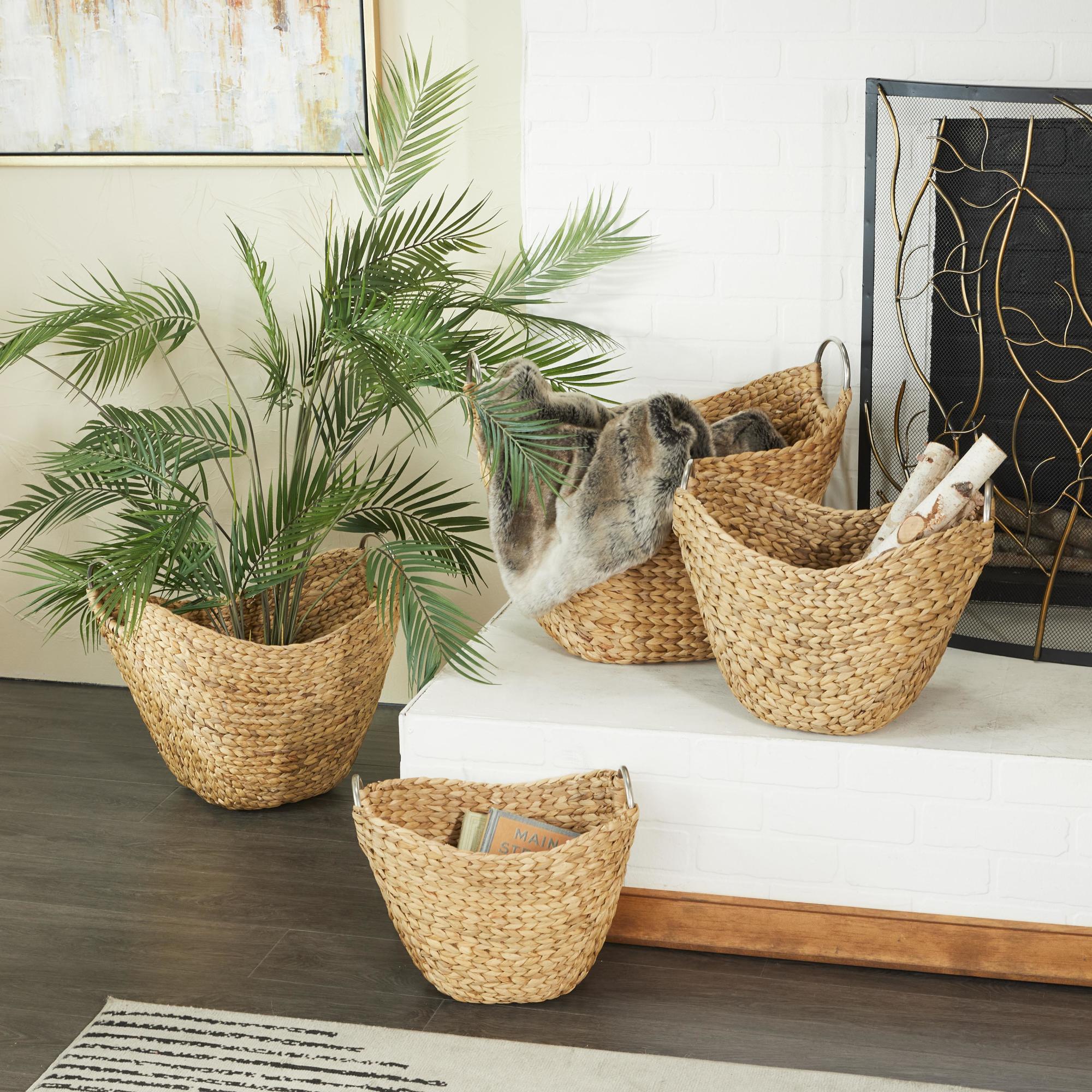Set of 4 Brown Seagrass Handmade Woven Curved Decorative and Functional Storage Basket with Silver Metal Handles