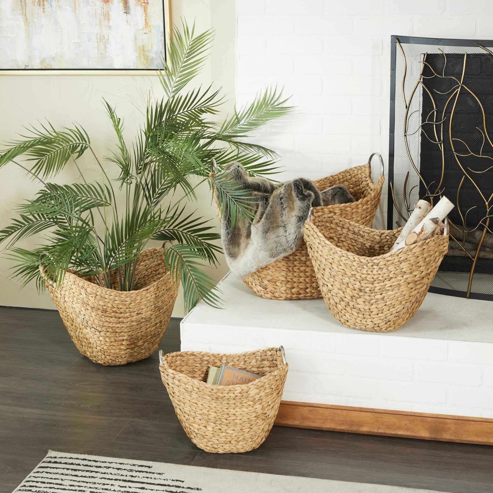 Set of 4 Brown Seagrass Handmade Woven Curved Decorative and Functional Storage Basket with Silver Metal Handles