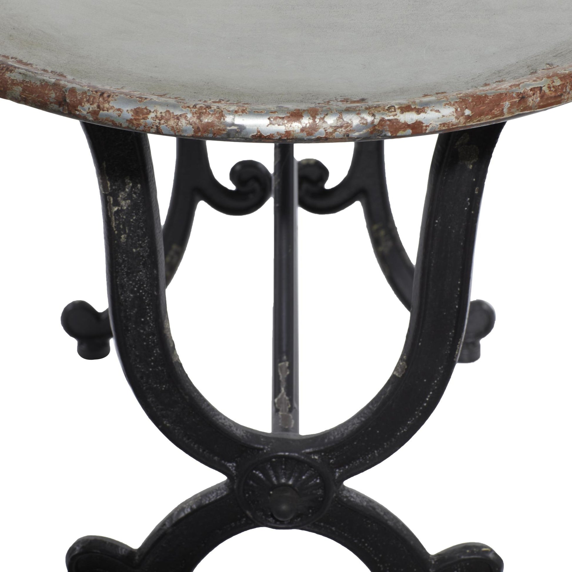 Scroll Gray Metal Oval Living Room Console Table with Distressed Accents