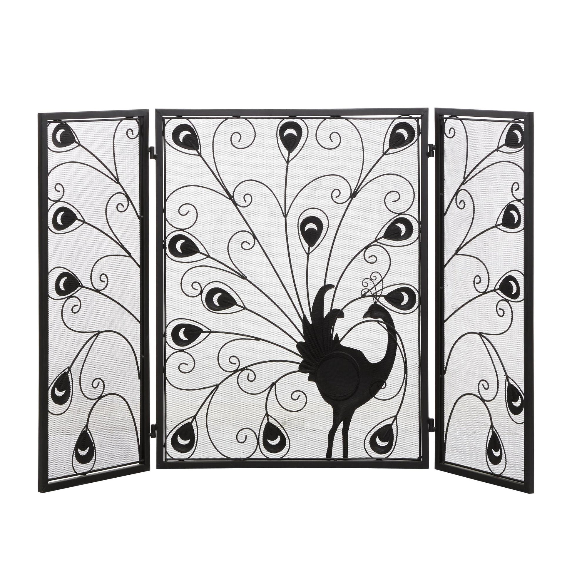 Peacock Blue Metal Rainbow 3 Panel Living Room Fireplace Screen with Crystal Accents and Black Frame