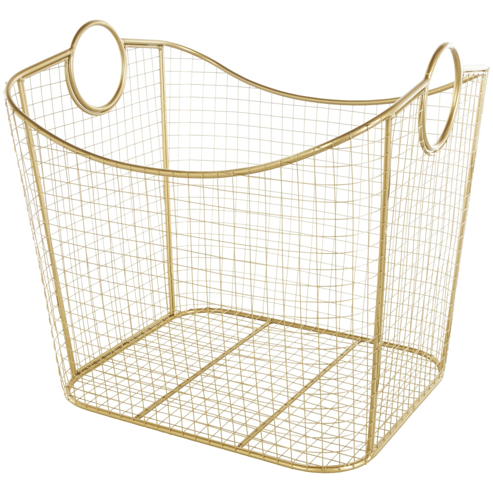 Metal Large Open Frame Wire Grid Decorative and Functional Storage Basket with Curved Sides and Ring Handles 30" x 20" x 20"
