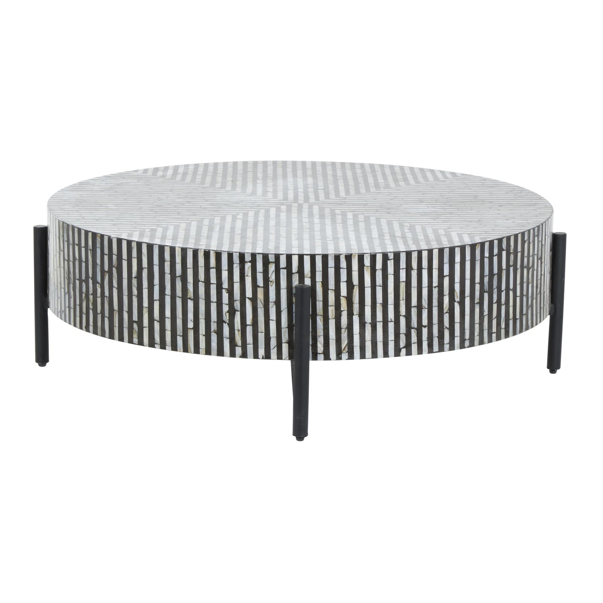 Geometric Mother of Pearl Shell Handmade Mosaic Inlay Living Room Coffee Table with Black Metal Legs 38" x 38" x 12"