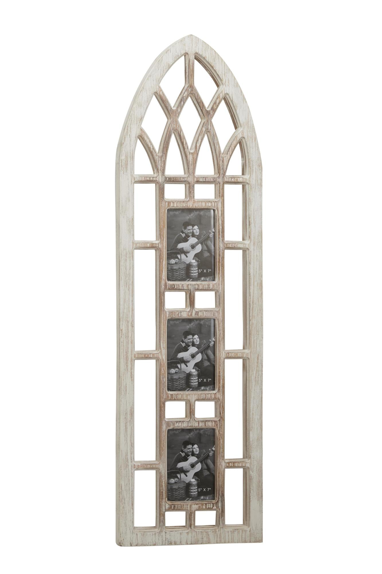 Light Brown Wooden Slim Arched Window Inspired 3 Slot Ornate Wall Photo Frame