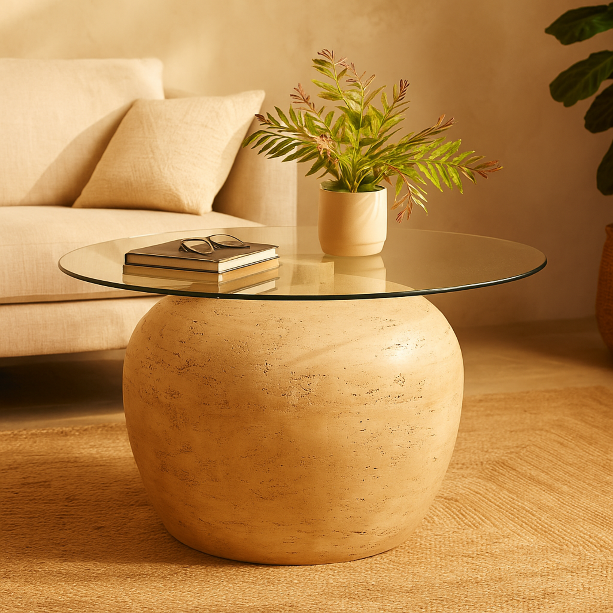 Beige Resin Wide Living Room Coffee Table with Tempered Glass Tabletop