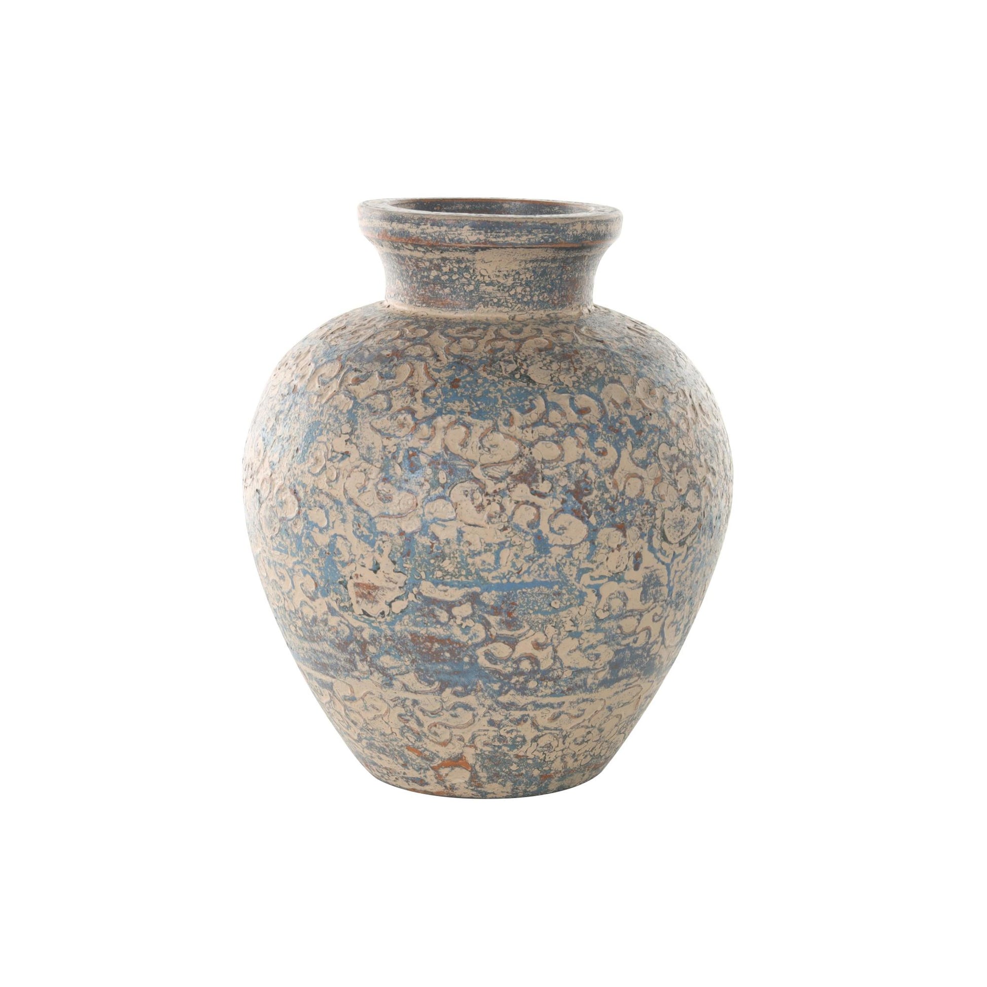 Scroll Beige Ceramic Handmade Antique Style Wide Rounded Decorative Vase with Blue and Copper Accents