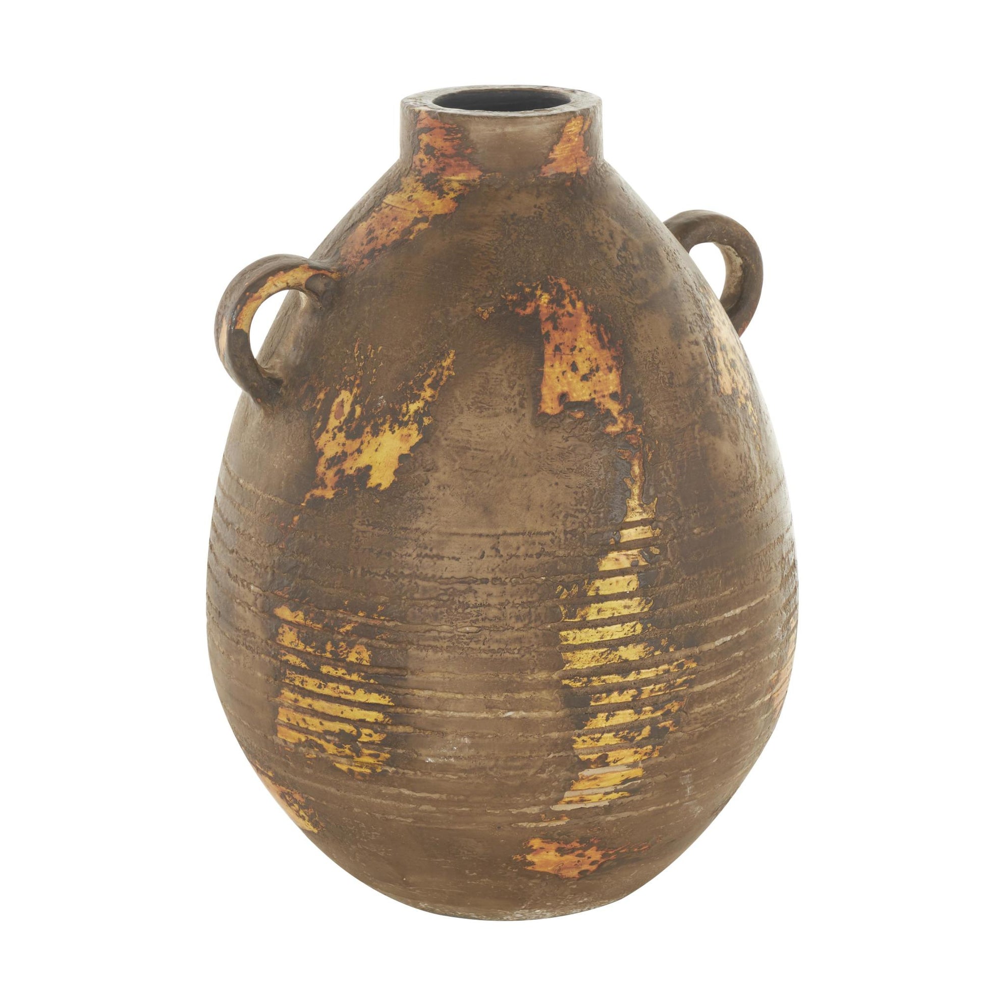 Brown Ceramic Antique Style Distressed Decorative Vase with Grooves and Handles