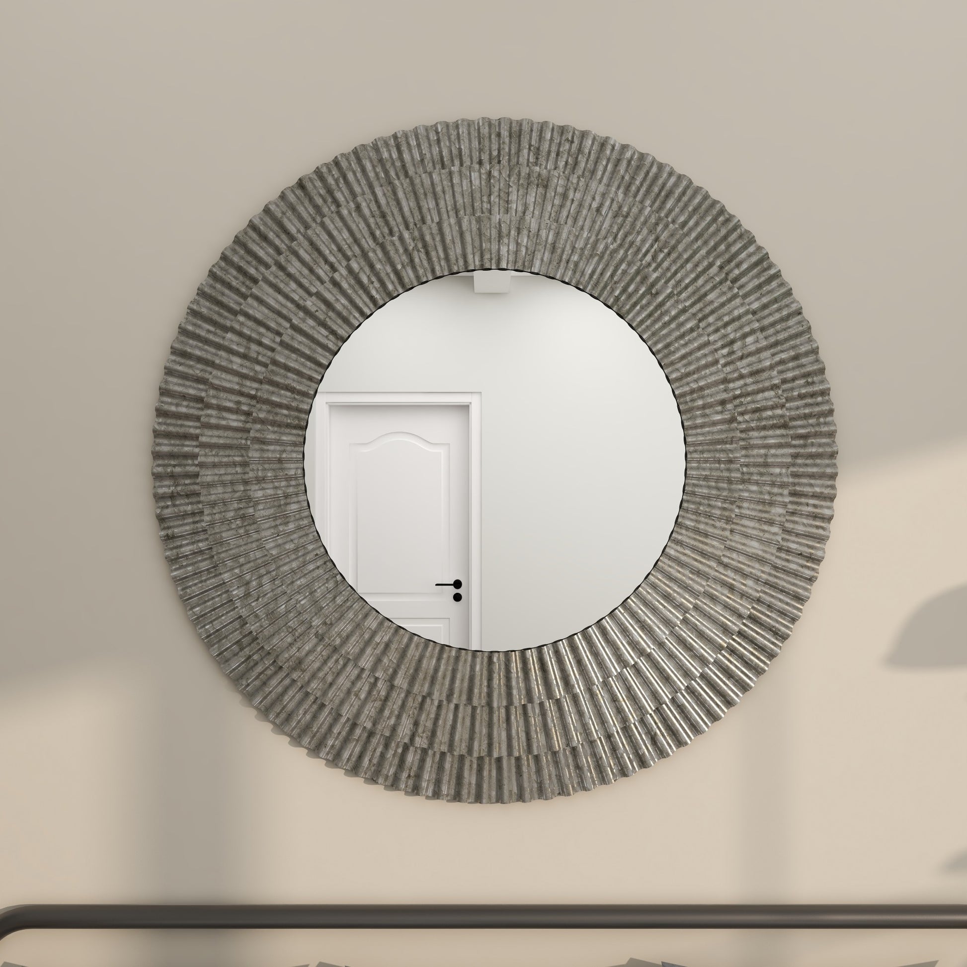 Gray Metal Galvanized Layered Ribbed Room Wall Mirror