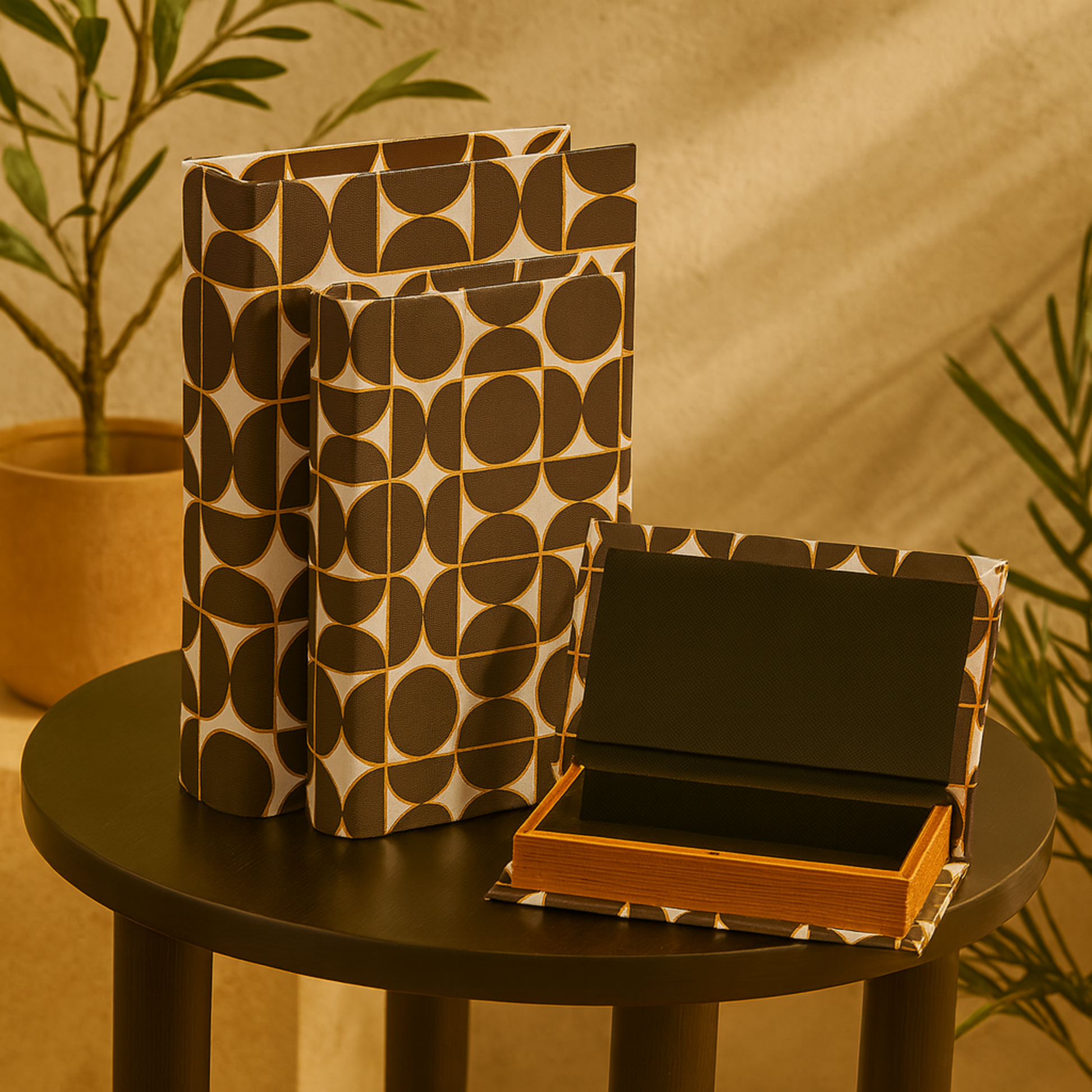 Set of 3 Black Faux Leather Faux Book Storage Decorative Box with Circle and Semi-Circle Pattern