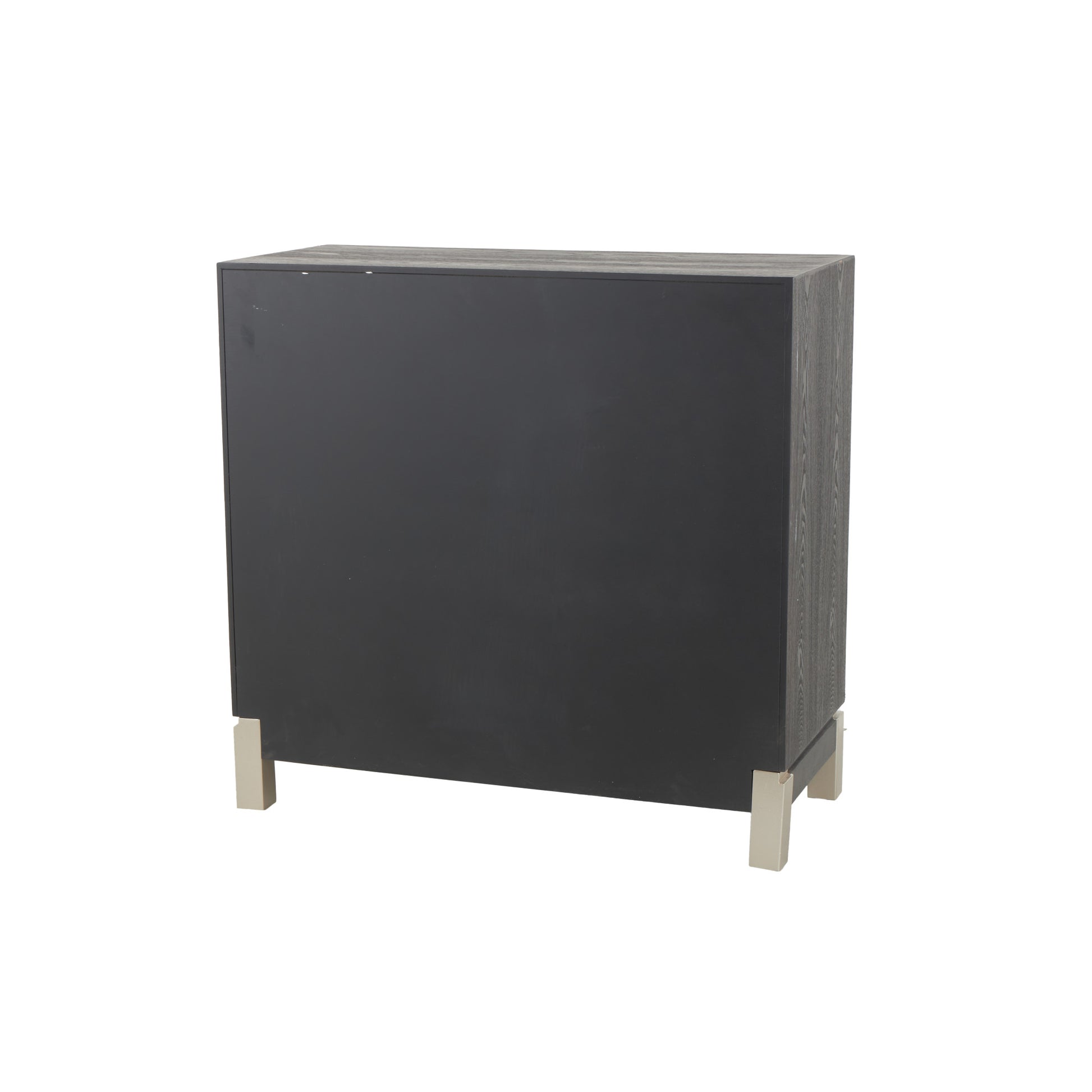 Geometric Black Wooden 2 Door Room Cabinet with Gold Textured Half-Moon Handles and Red Accents