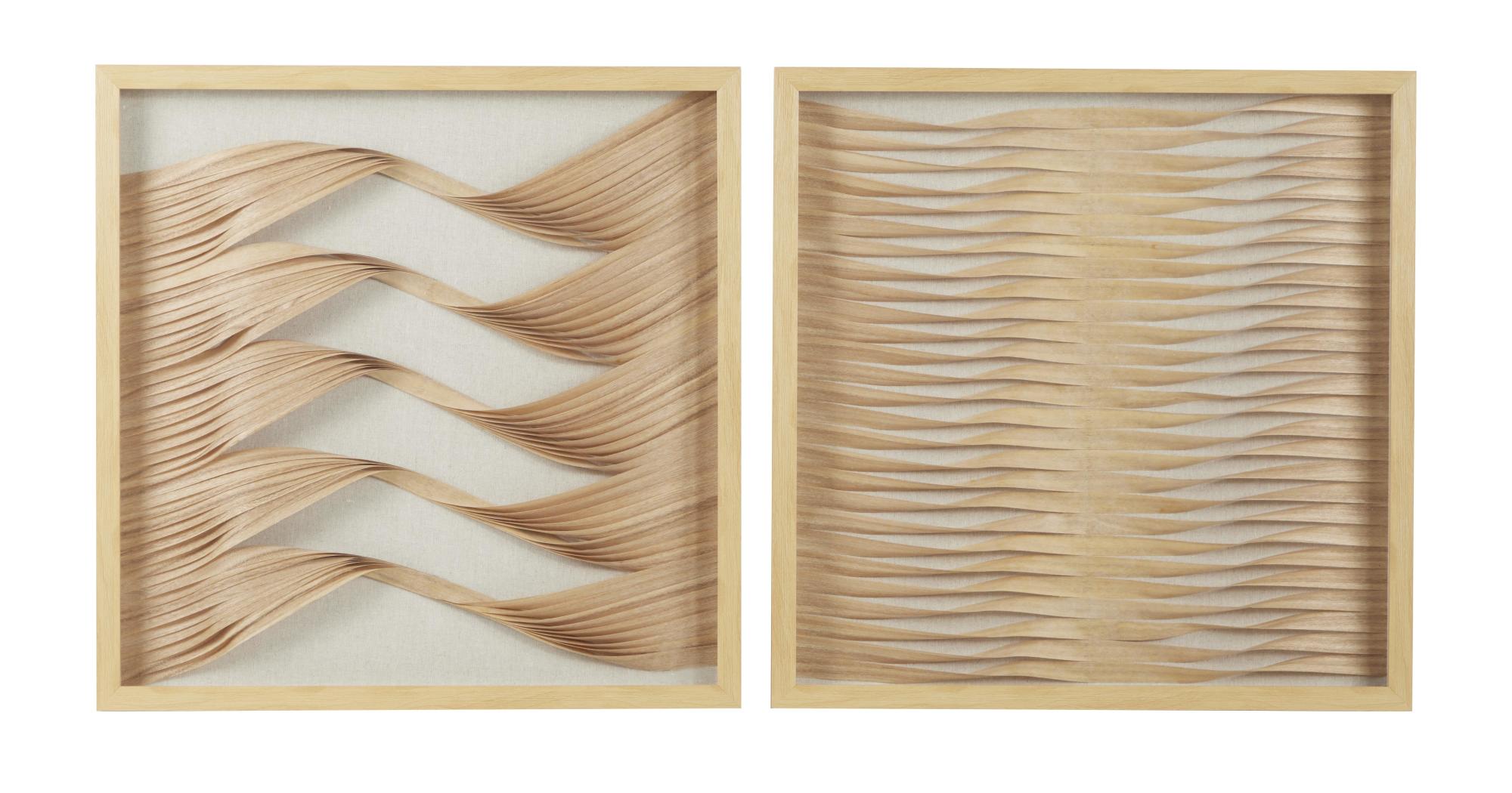 Set of 2 Abstract Brown Wooden Handmade Twisted Ribbon Home Shadow Box with Beige Linen Backing
