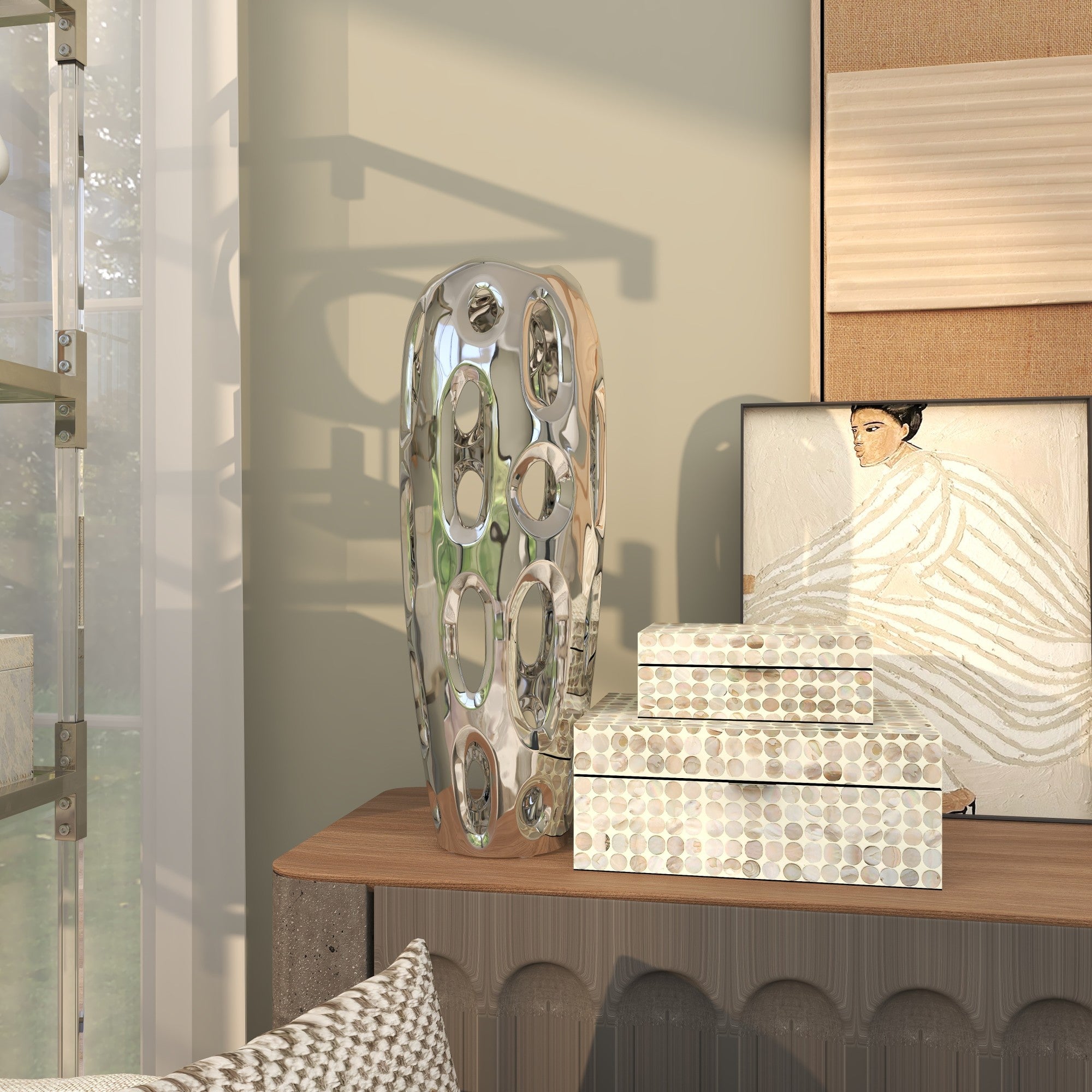 Silver Ceramic Rounded Cutout Decorative Vase