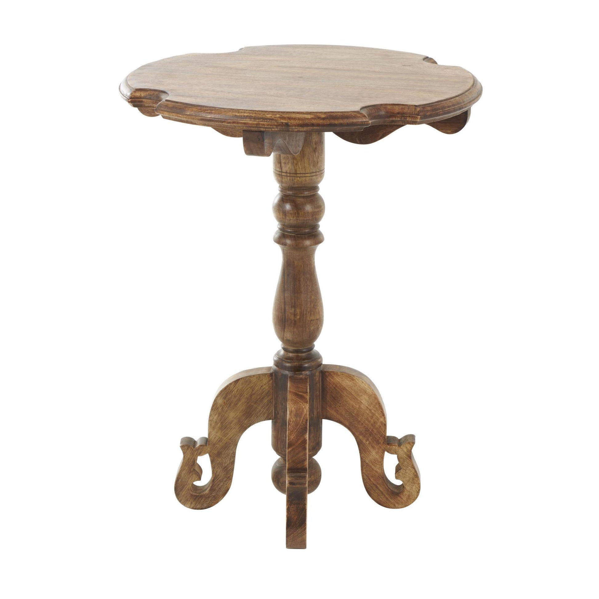 Brown Mango Wood Turned Side End Accent Table with Scrolled Legs and Cutout Tabletop