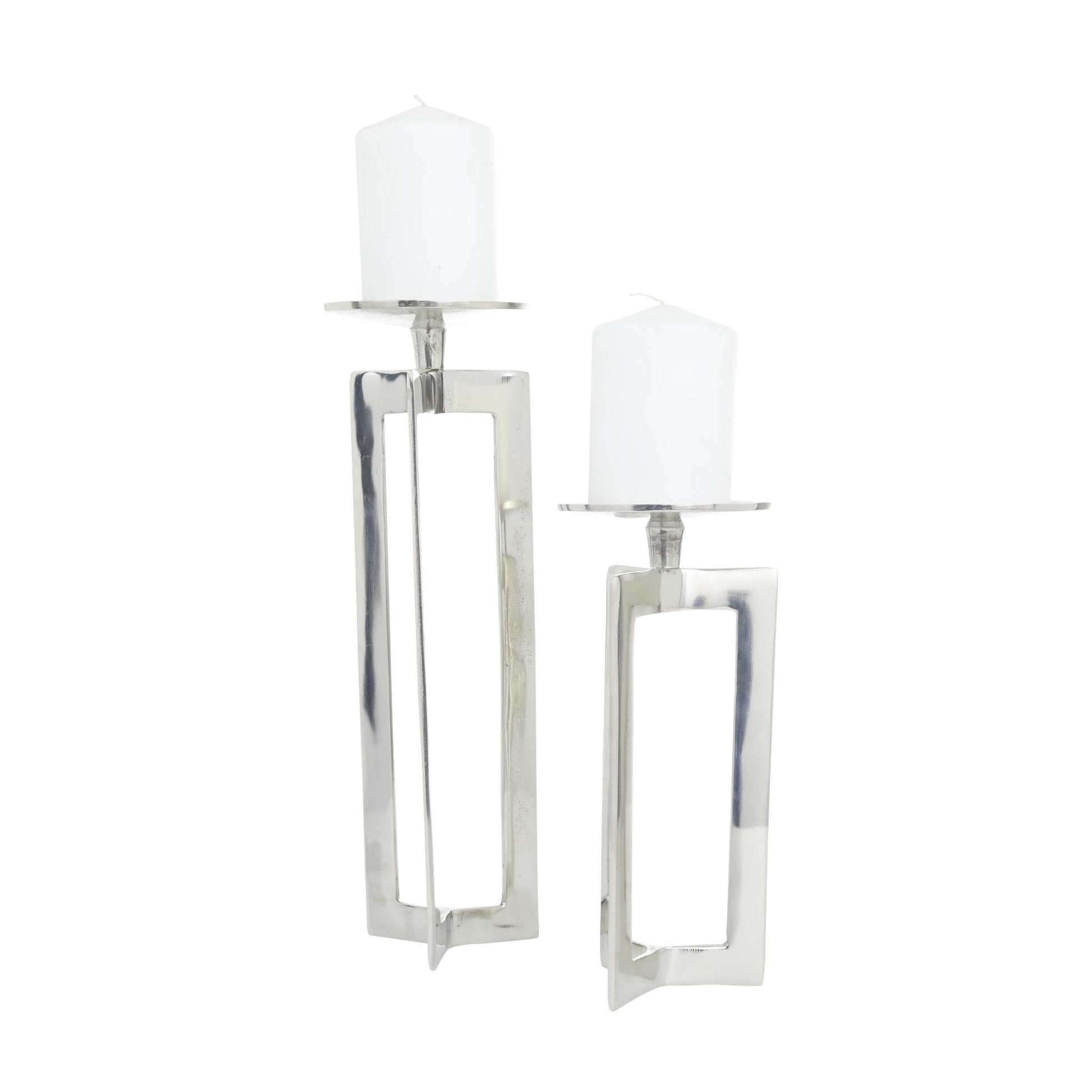 CosmoLiving by Cosmopolitan Set of 2 Geometric Aluminum Metal Pillar Decorative Candle Holder