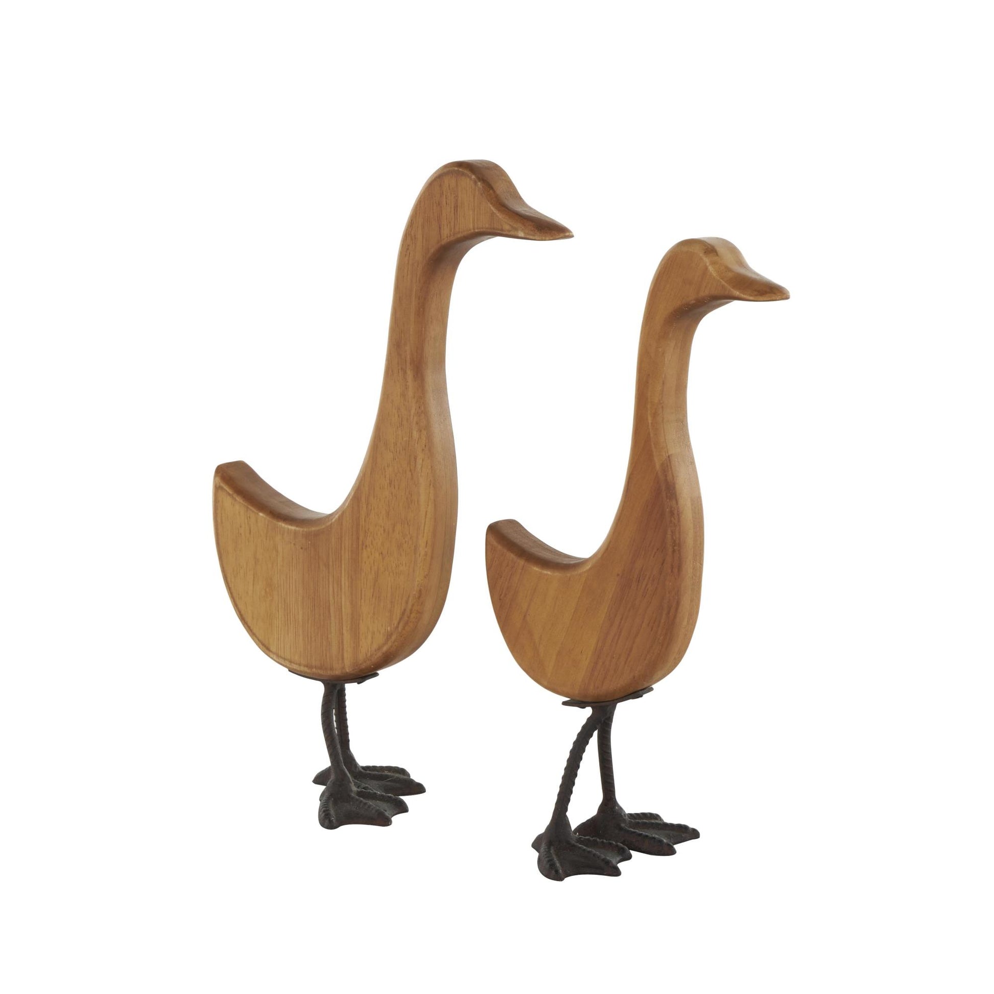 Set of 2 Duck Brown Wood Abstract Decorative Garden Sculpture with Black Metal Feet