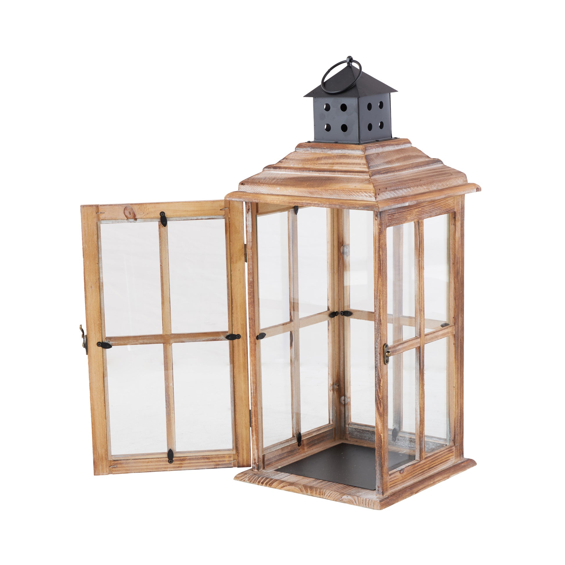 Wood Lighthouse Style Decorative Indoor Outdoor Candle Lantern with Black Ring Handle 9" x 9" x 22"