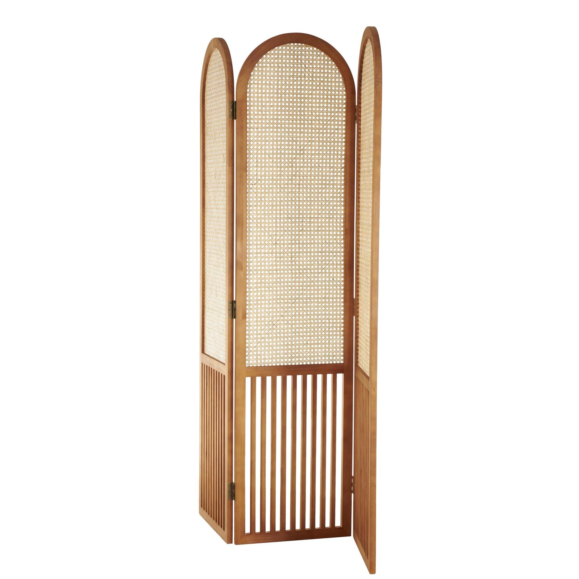 Wood Arched 3 Panel Partition Room Divider Screen with Slatted Wood Base and Tan Rattan Panels