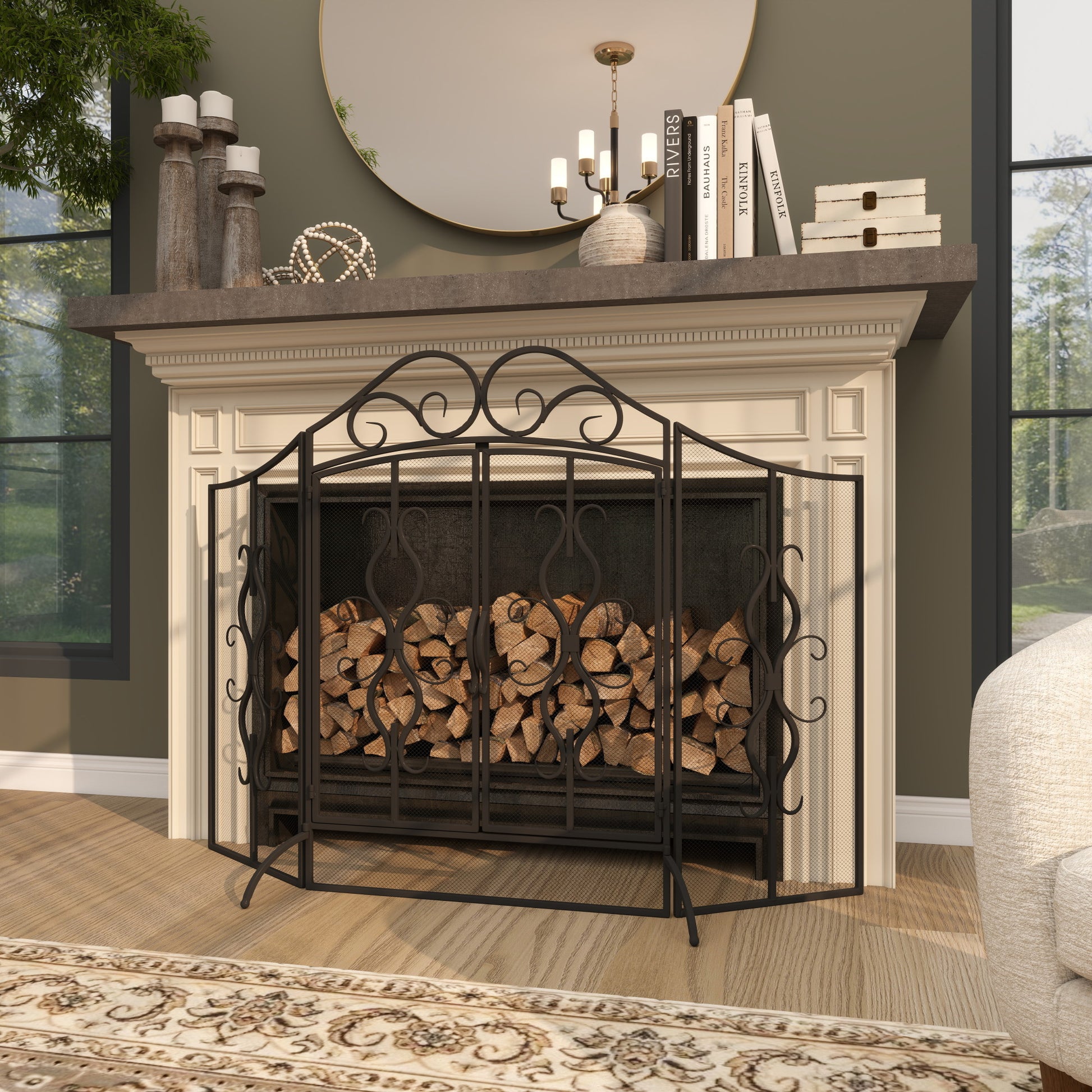 Scroll Black Metal Foldable 3 Panel Living Room Fireplace Screen with Center Door Panels
