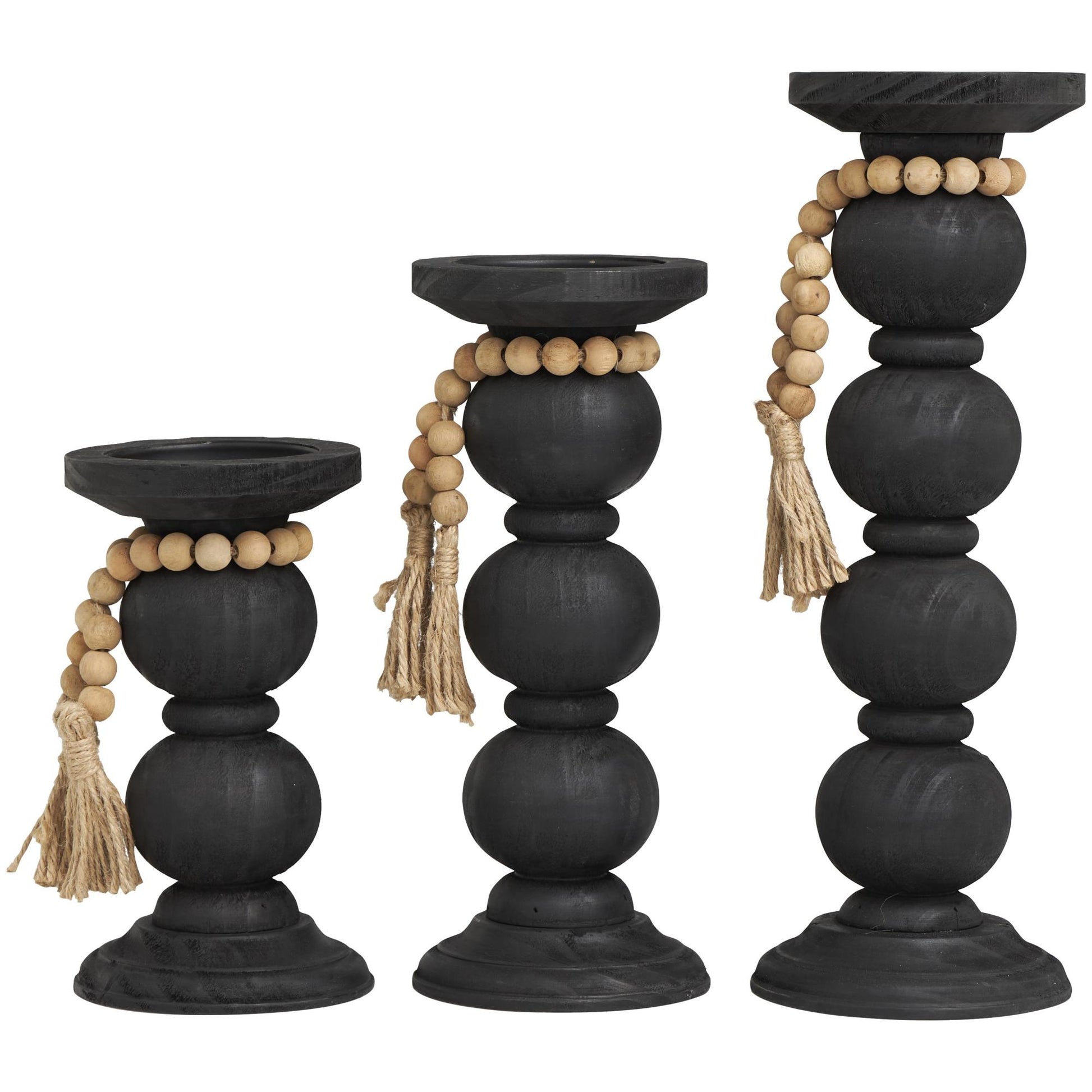 Set of 3 Black Wood Handmade Bubble Inspired Matte Decorative Candle Holder with Beaded Garland Accent