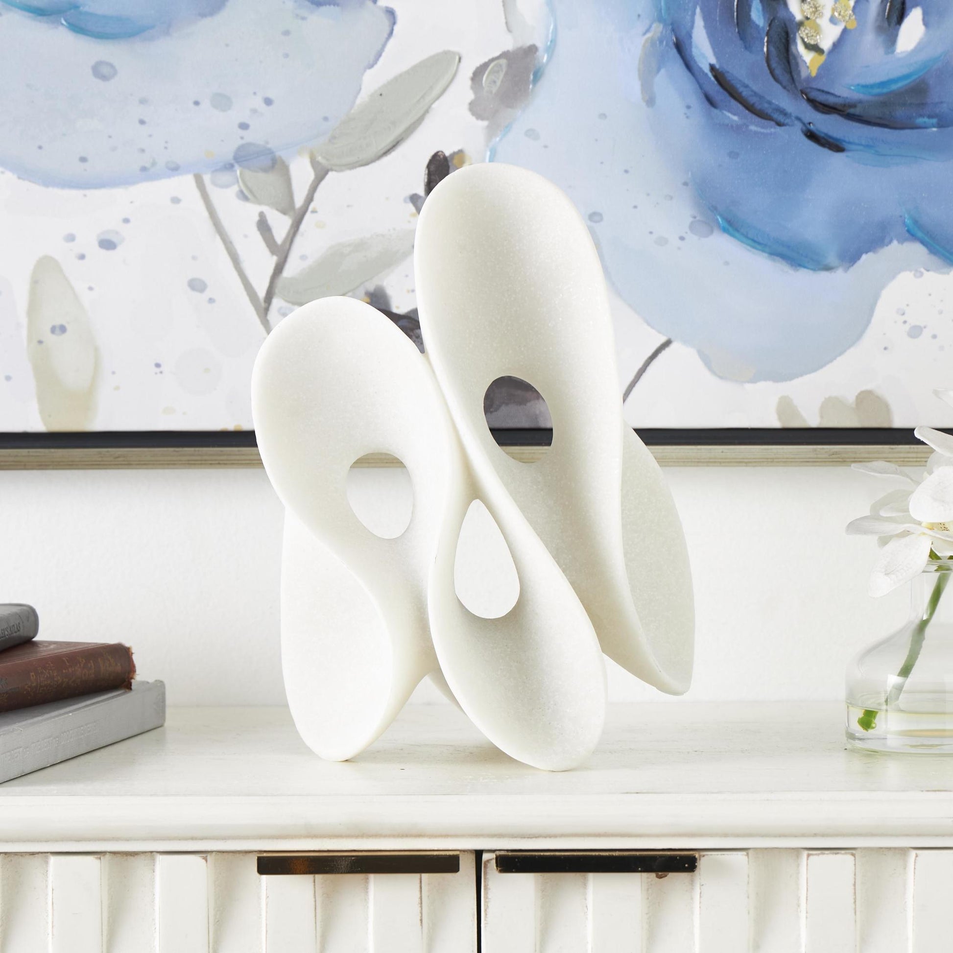 Abstract White Polystone Wavy Shaped Decorative Sculpture with Cutouts and Speckled Texturing