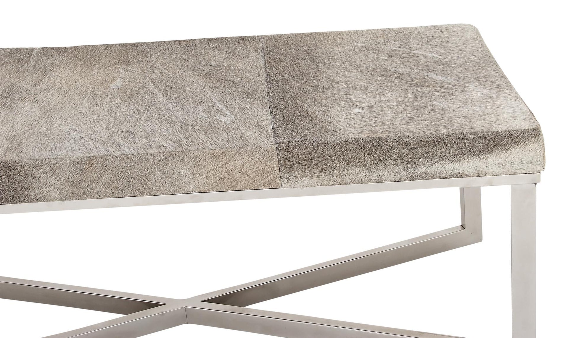 Gray Leather Handmade Cowhide Home Bench with Silver Metal Base