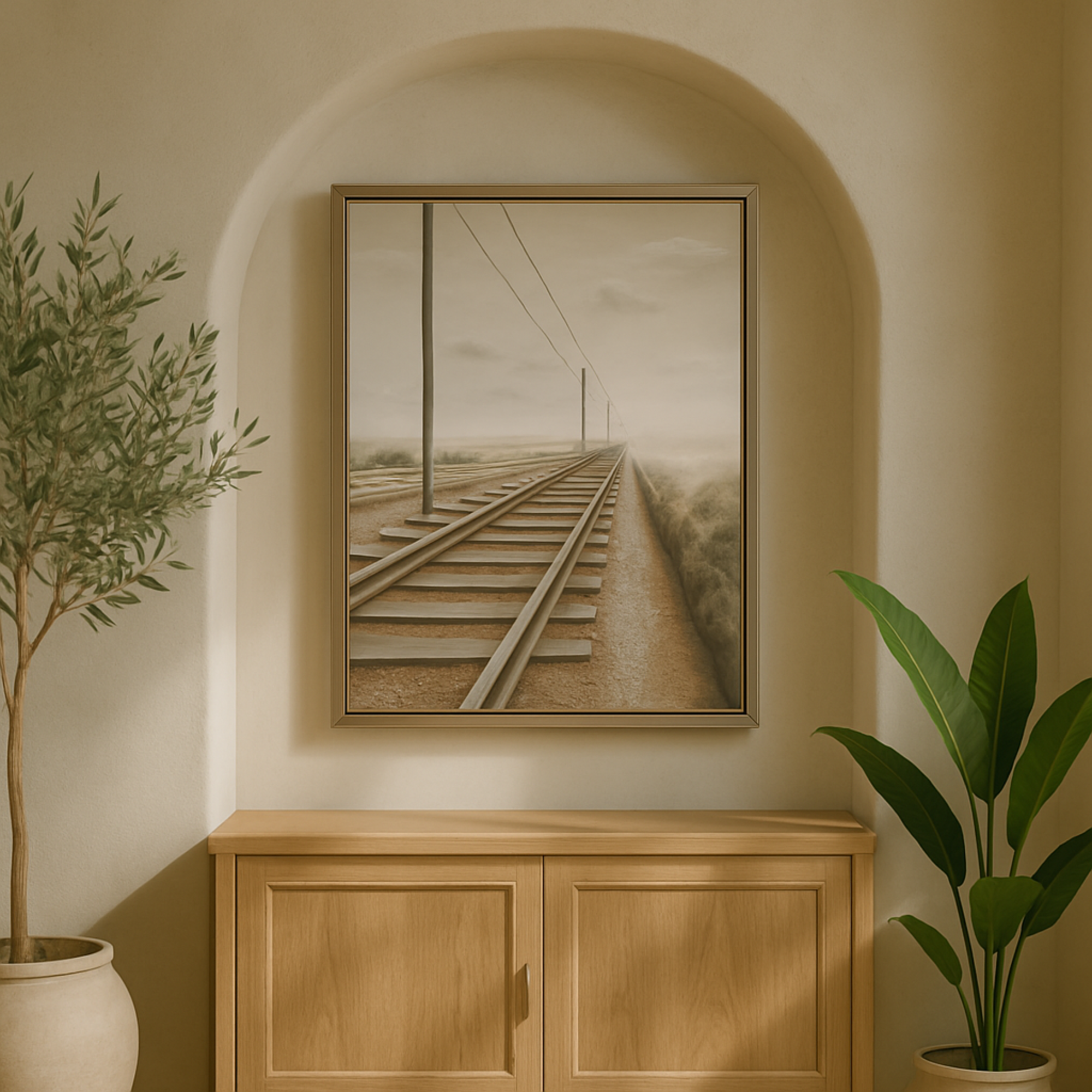 Landscape Gray Canvas Railroad Track Living Room Framed Wall Art with Silver Frame