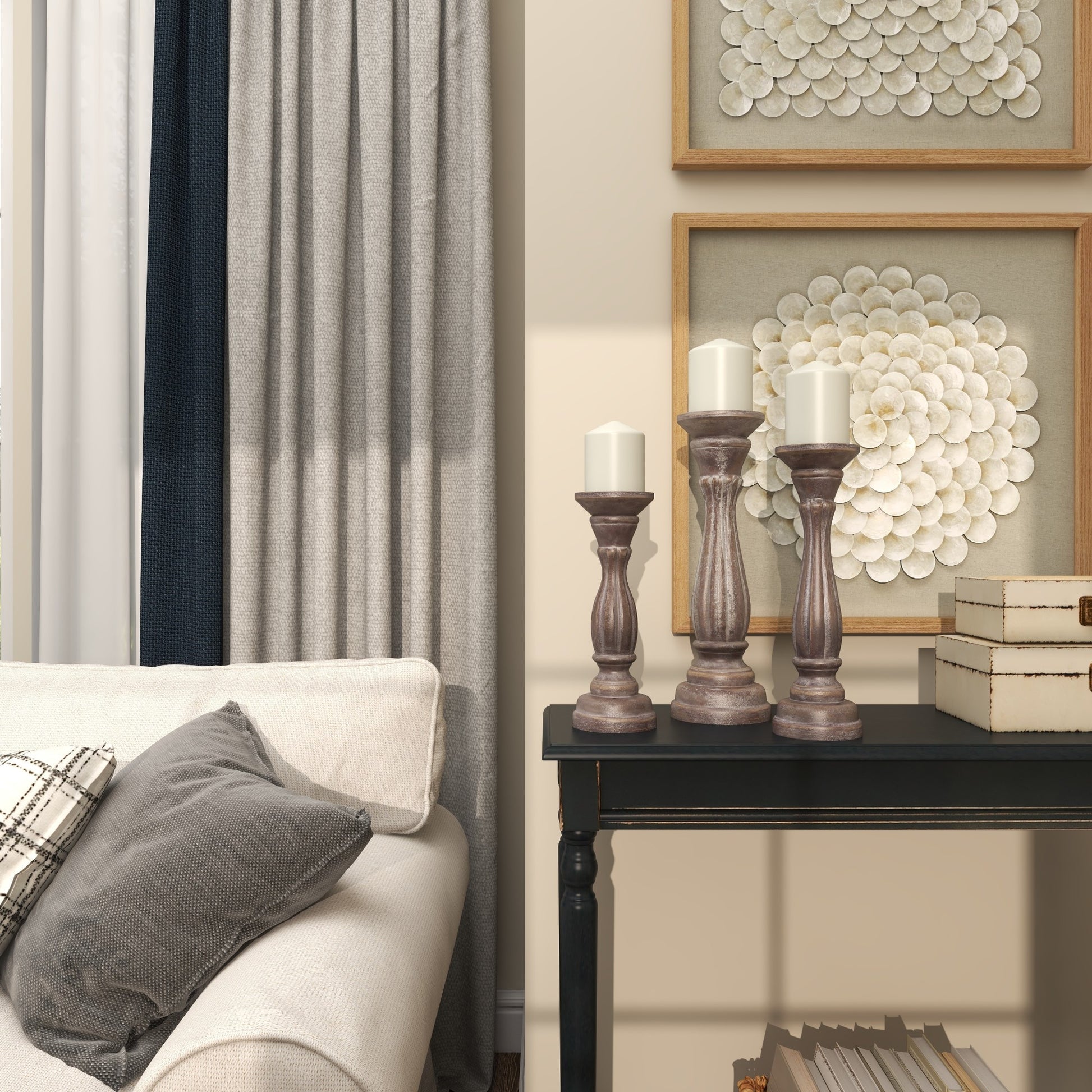 Set of 3 Wooden Distressed Turned Pillar Decorative Candle Holder
