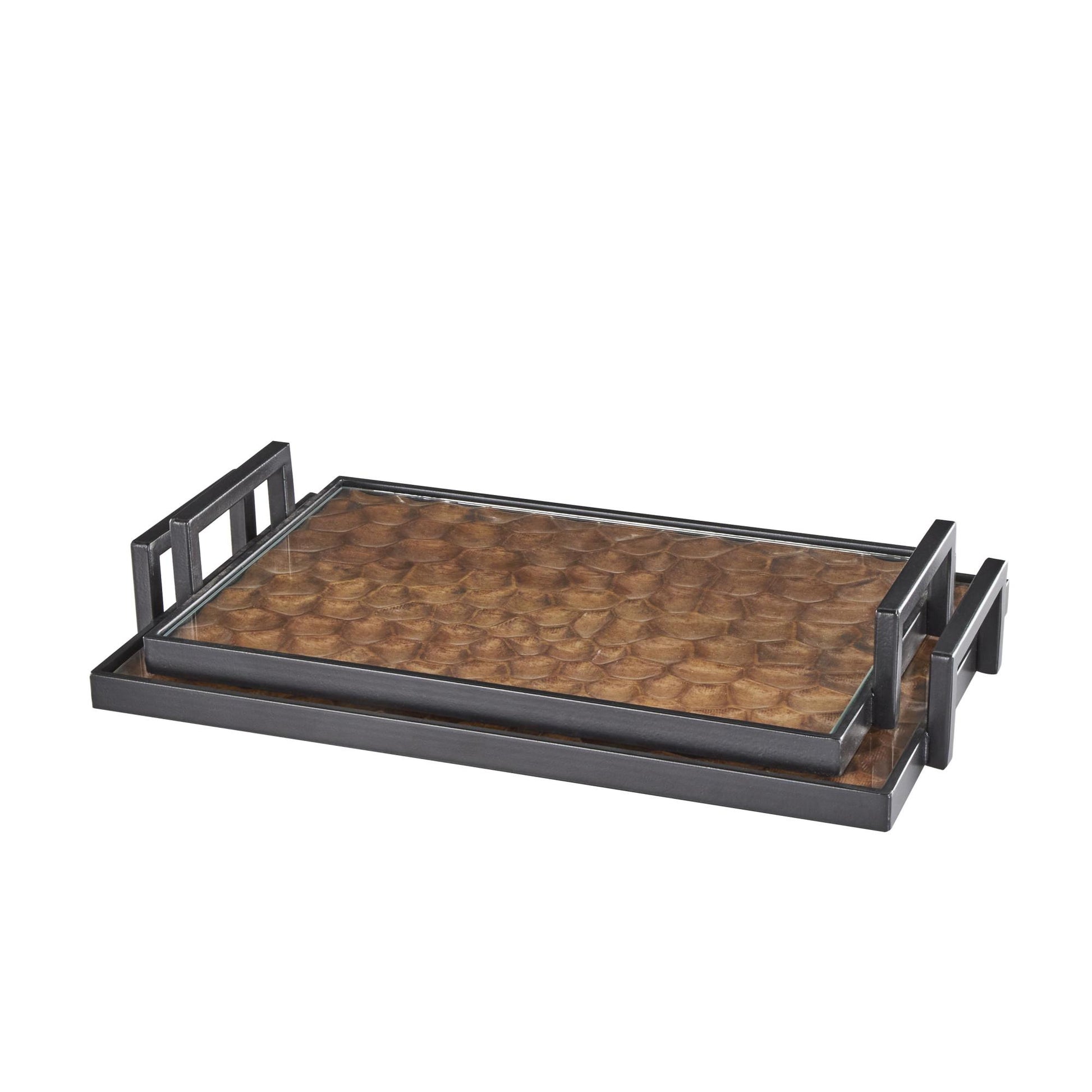 Set of 2 Brown Wood Handmade Carved Pebbled Bottom Living Room Decor Tray with Black handles