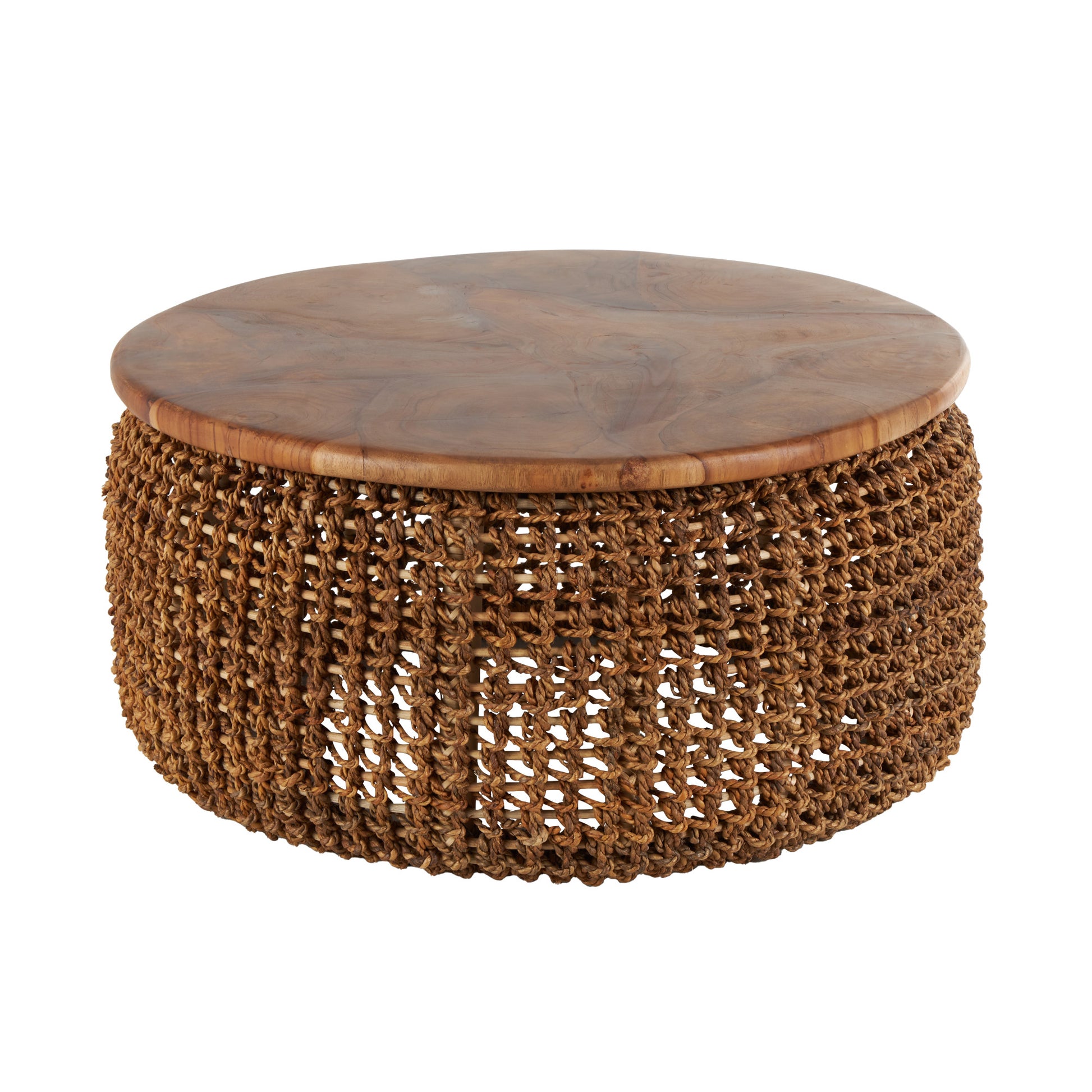 Brown Rattan Woven Living Room Coffee Table with Teak Tabletop