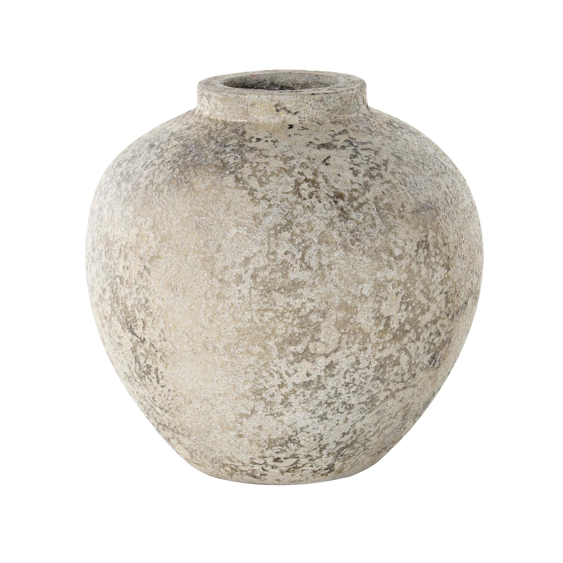 Cream Ceramic Handmade Antique Style Round Decorative Vase with Textured Distressing