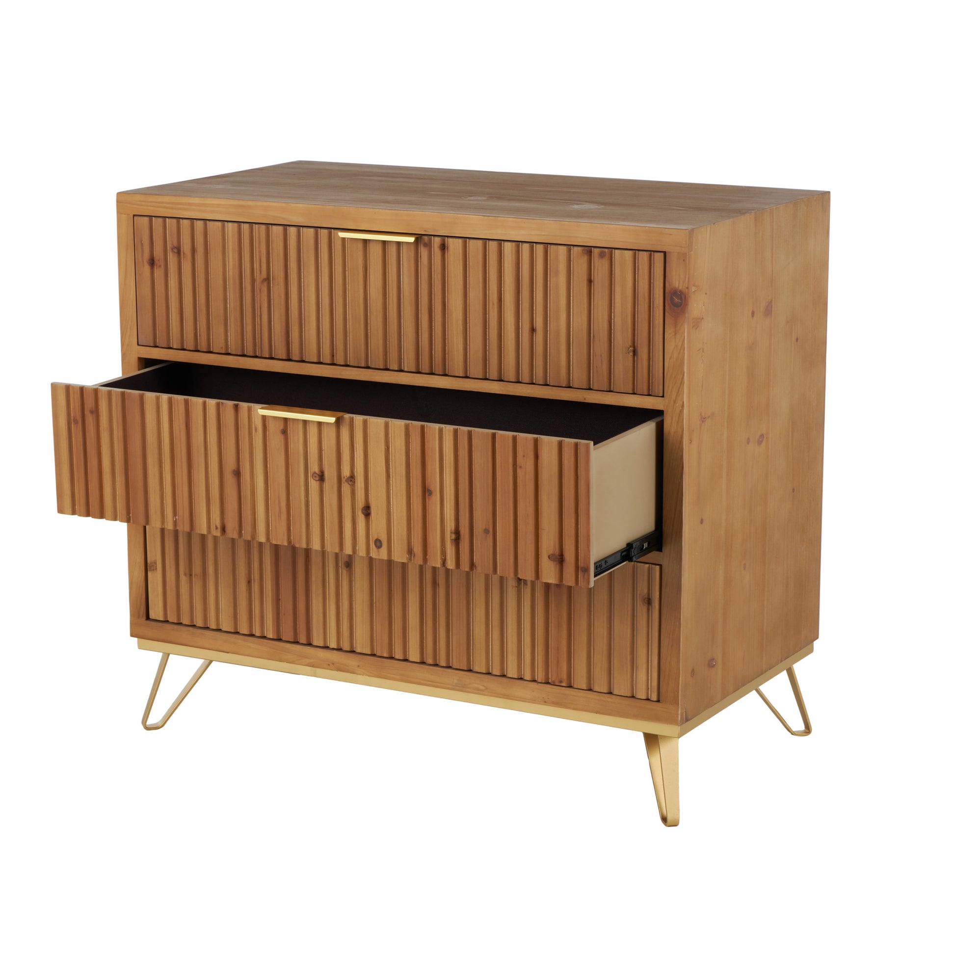 Brown Wooden Ribbed 3 Drawer Room Chest with Gold Handles and Legs