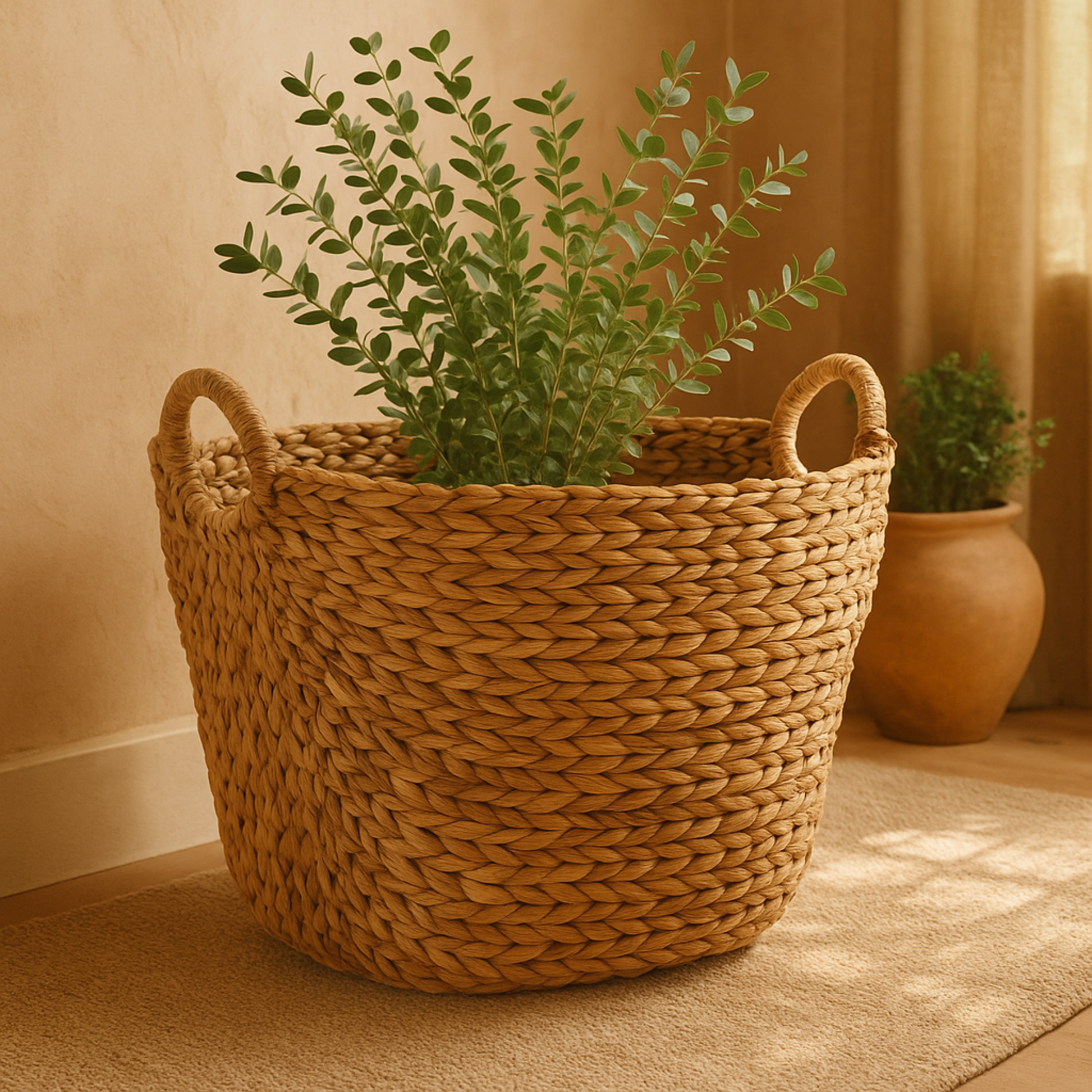 Seagrass Handmade Large Woven Decorative and Functional Storage Basket with Ring Handles